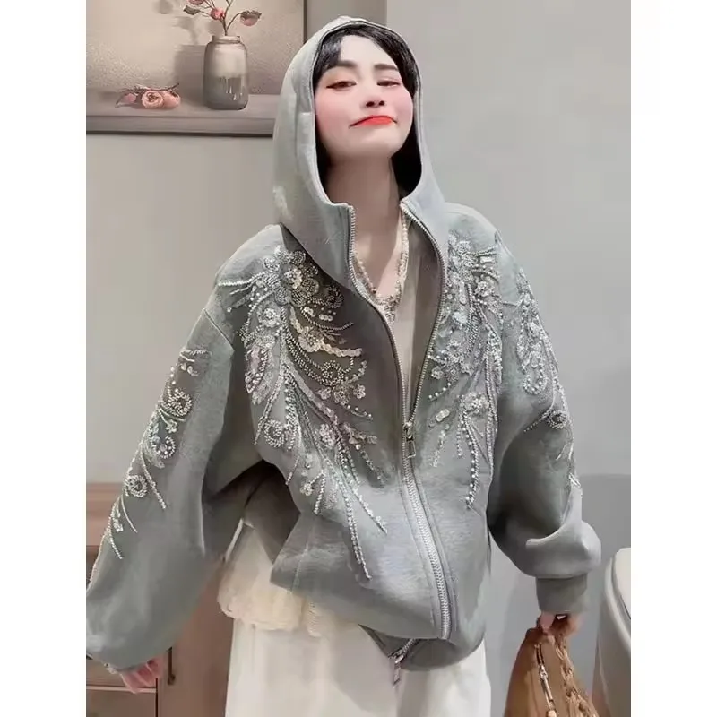 Fashion Flowers Embroidery Sequins Hooded Sweatshirt Jacket Floral Beading Zipper Cardigan Long Sleeve Hoodies Coat Streetwear