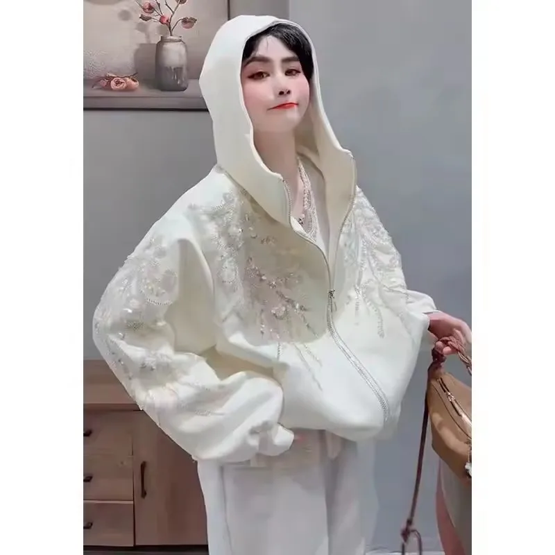 Fashion Flowers Embroidery Sequins Hooded Sweatshirt Jacket Floral Beading Zipper Cardigan Long Sleeve Hoodies Coat Streetwear