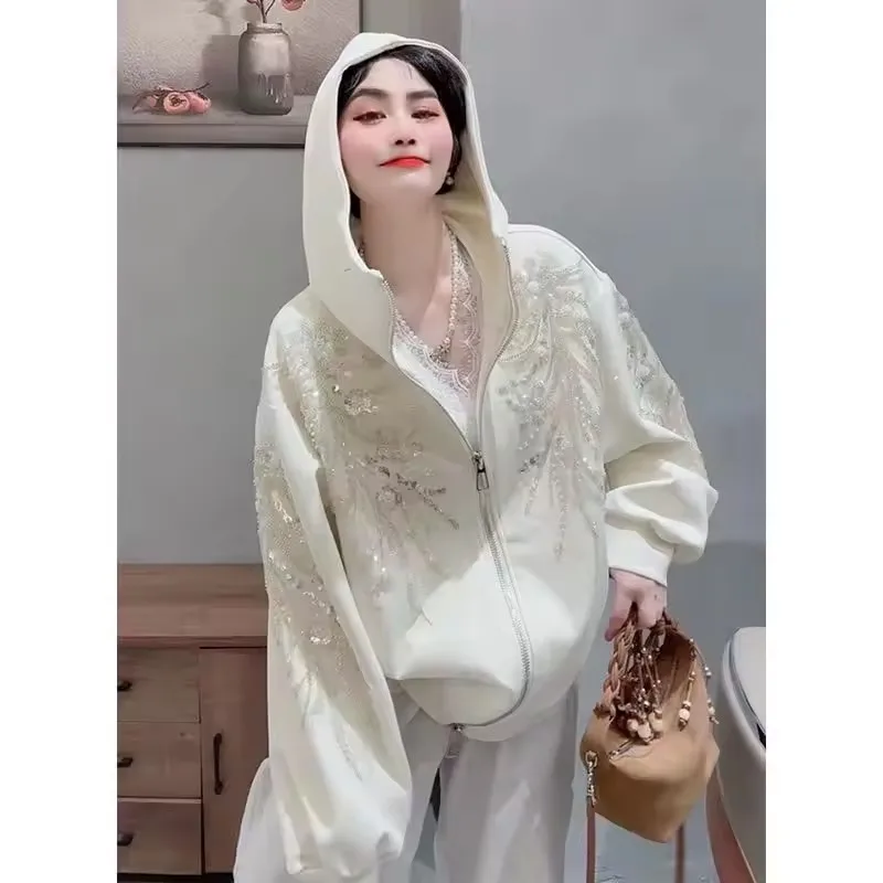 Fashion Flowers Embroidery Sequins Hooded Sweatshirt Jacket Floral Beading Zipper Cardigan Long Sleeve Hoodies Coat Streetwear