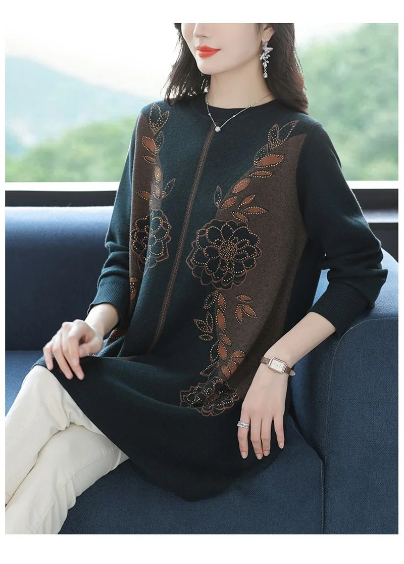 New Temperament Mother Dress Autumn Winter Slim Mid-Length Sweater Dress Middle Aged Women's Elegant Knitted Dress Vestidos 6XL