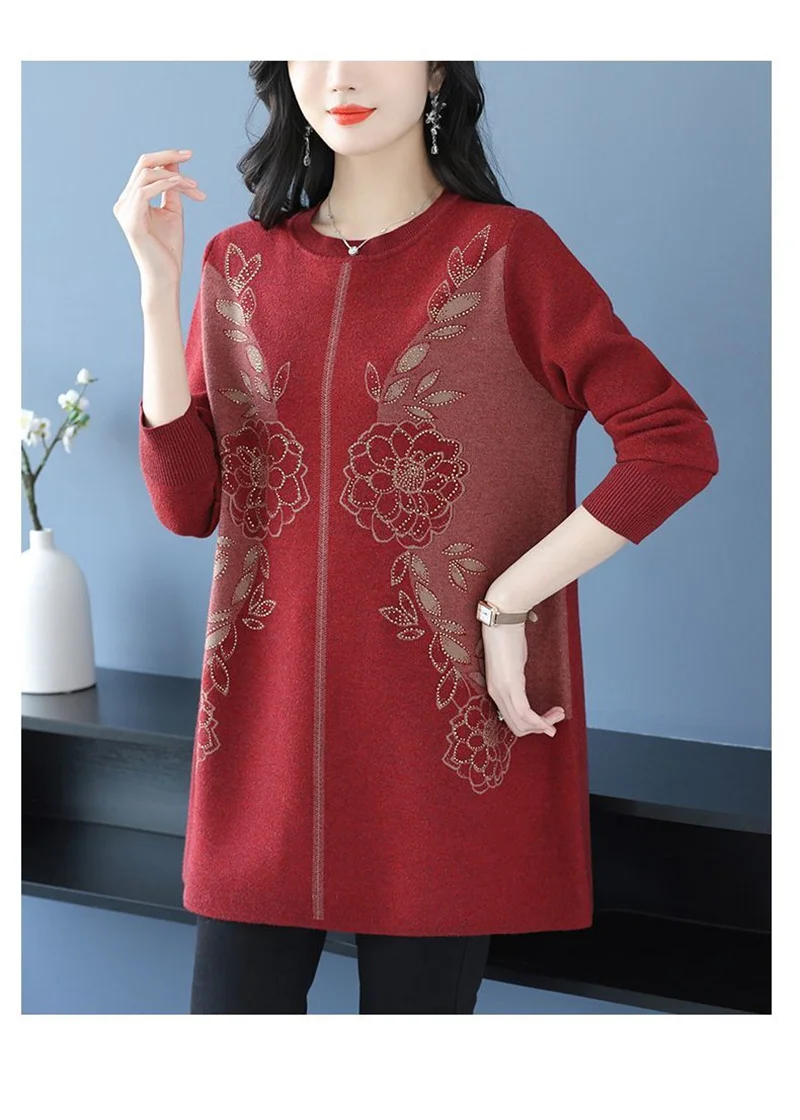 New Temperament Mother Dress Autumn Winter Slim Mid-Length Sweater Dress Middle Aged Women's Elegant Knitted Dress Vestidos 6XL