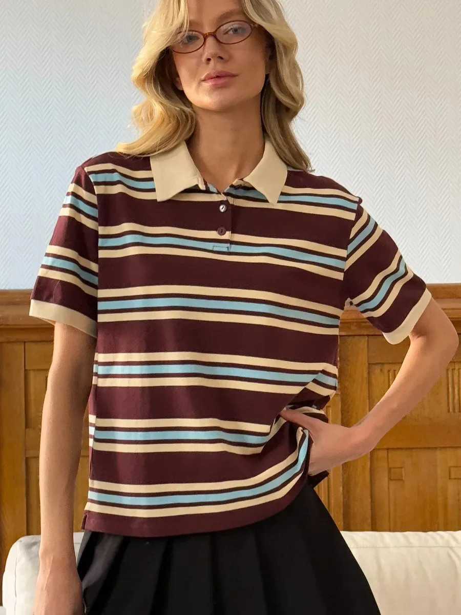 Bornladies Summer 2025 New Women's Retro Striped Polo Short Sleeve T-Shirt Loose Knitted Casual Top - Stylish Flattering Fit