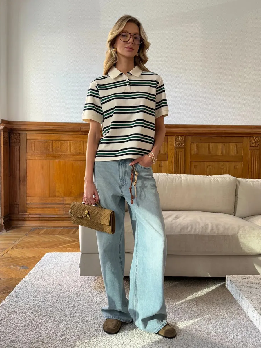 Bornladies Summer 2025 New Women's Retro Striped Polo Short Sleeve T-Shirt Loose Knitted Casual Top - Stylish Flattering Fit