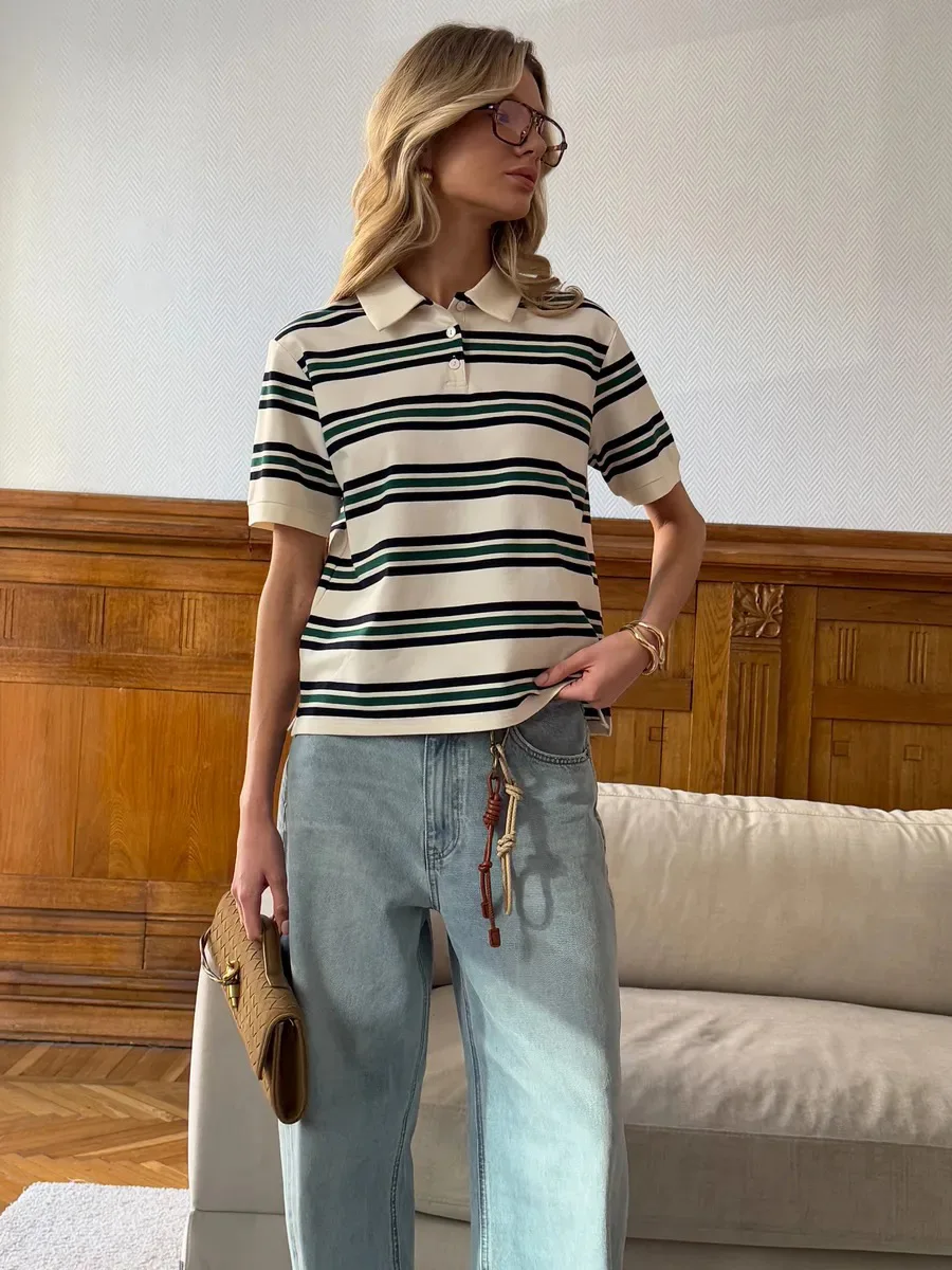Bornladies Summer 2025 New Women's Retro Striped Polo Short Sleeve T-Shirt Loose Knitted Casual Top - Stylish Flattering Fit