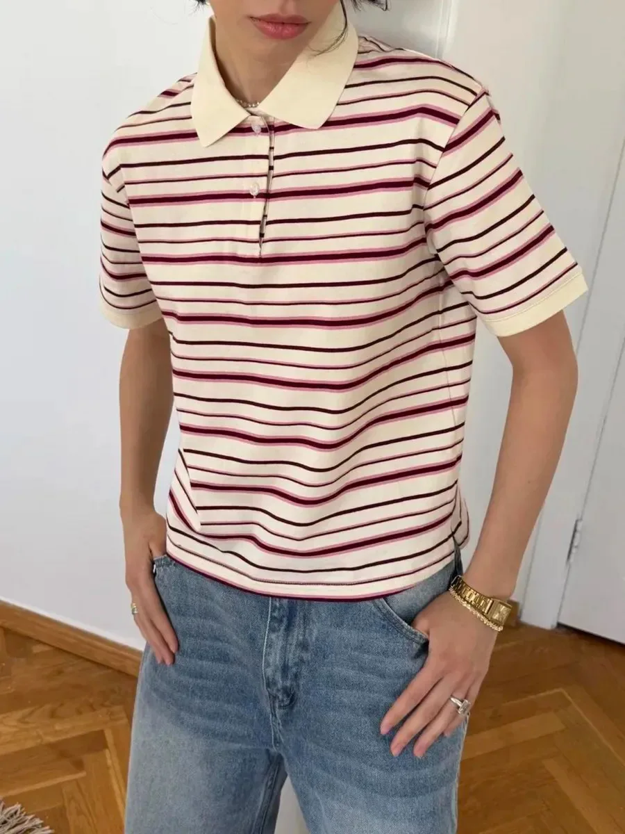 Bornladies Summer 2025 New Women's Retro Striped Polo Short Sleeve T-Shirt Loose Knitted Casual Top - Stylish Flattering Fit