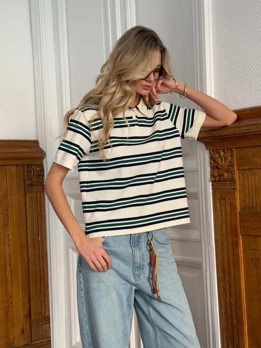 Bornladies Summer 2025 New Women's Retro Striped Polo Short Sleeve T-Shirt Loose Knitted Casual Top - Stylish Flattering Fit