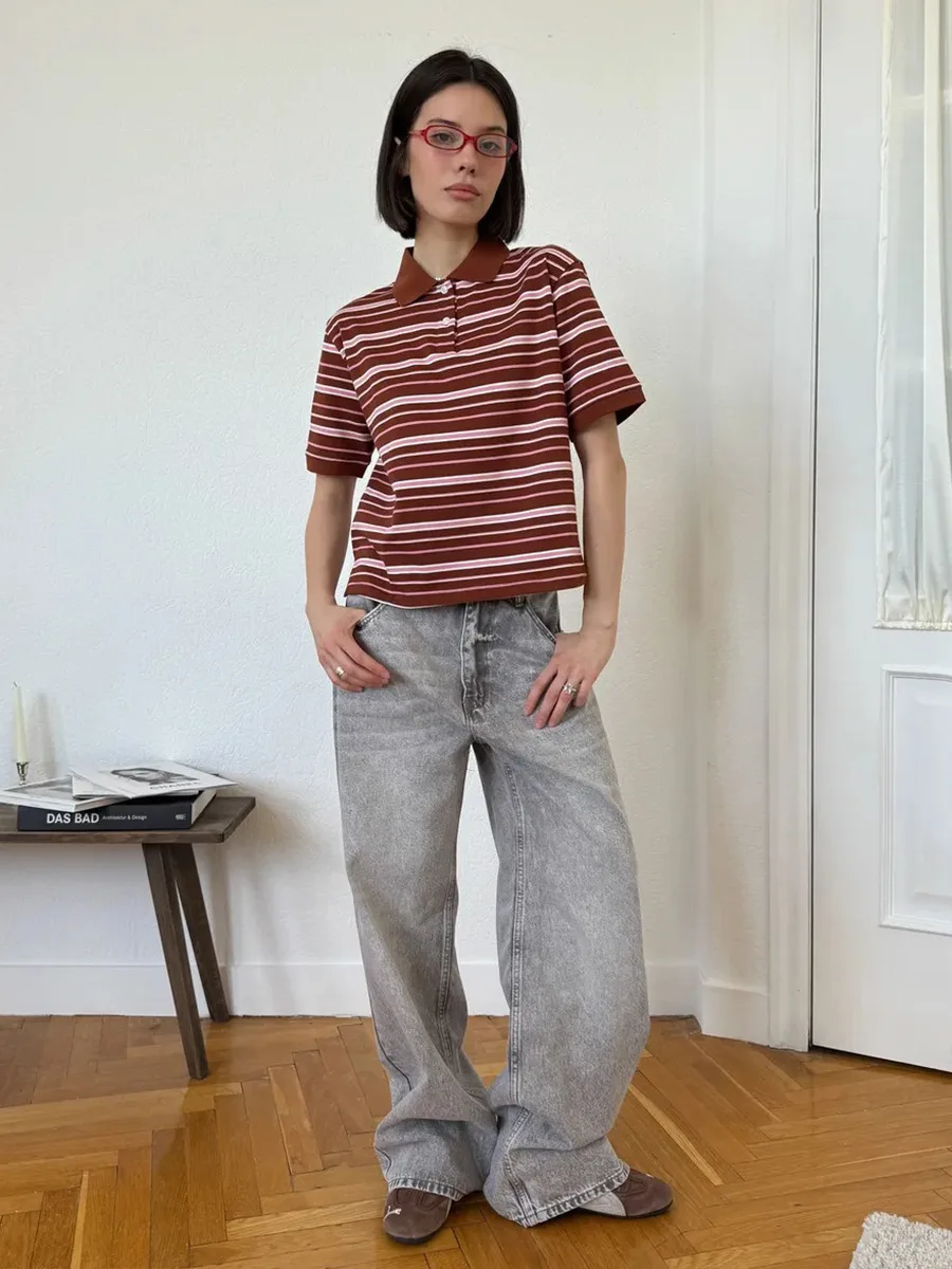 Bornladies Summer 2025 New Women's Retro Striped Polo Short Sleeve T-Shirt Loose Knitted Casual Top - Stylish Flattering Fit