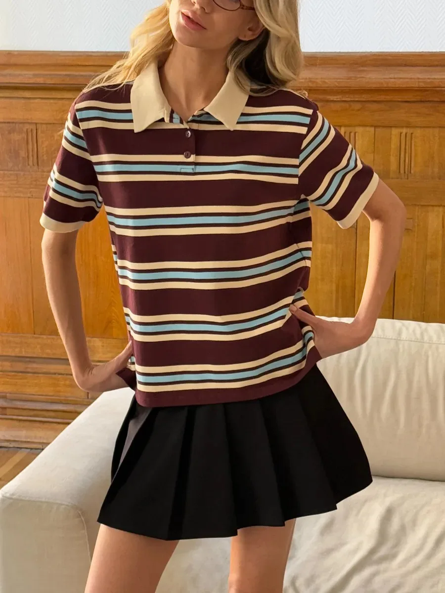 Bornladies Summer 2025 New Women's Retro Striped Polo Short Sleeve T-Shirt Loose Knitted Casual Top - Stylish Flattering Fit