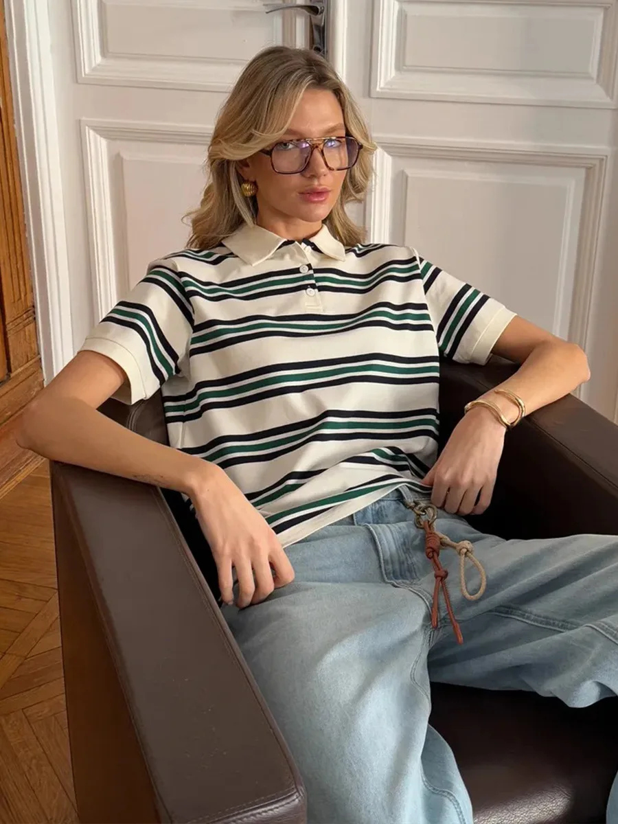 Bornladies Summer 2025 New Women's Retro Striped Polo Short Sleeve T-Shirt Loose Knitted Casual Top - Stylish Flattering Fit