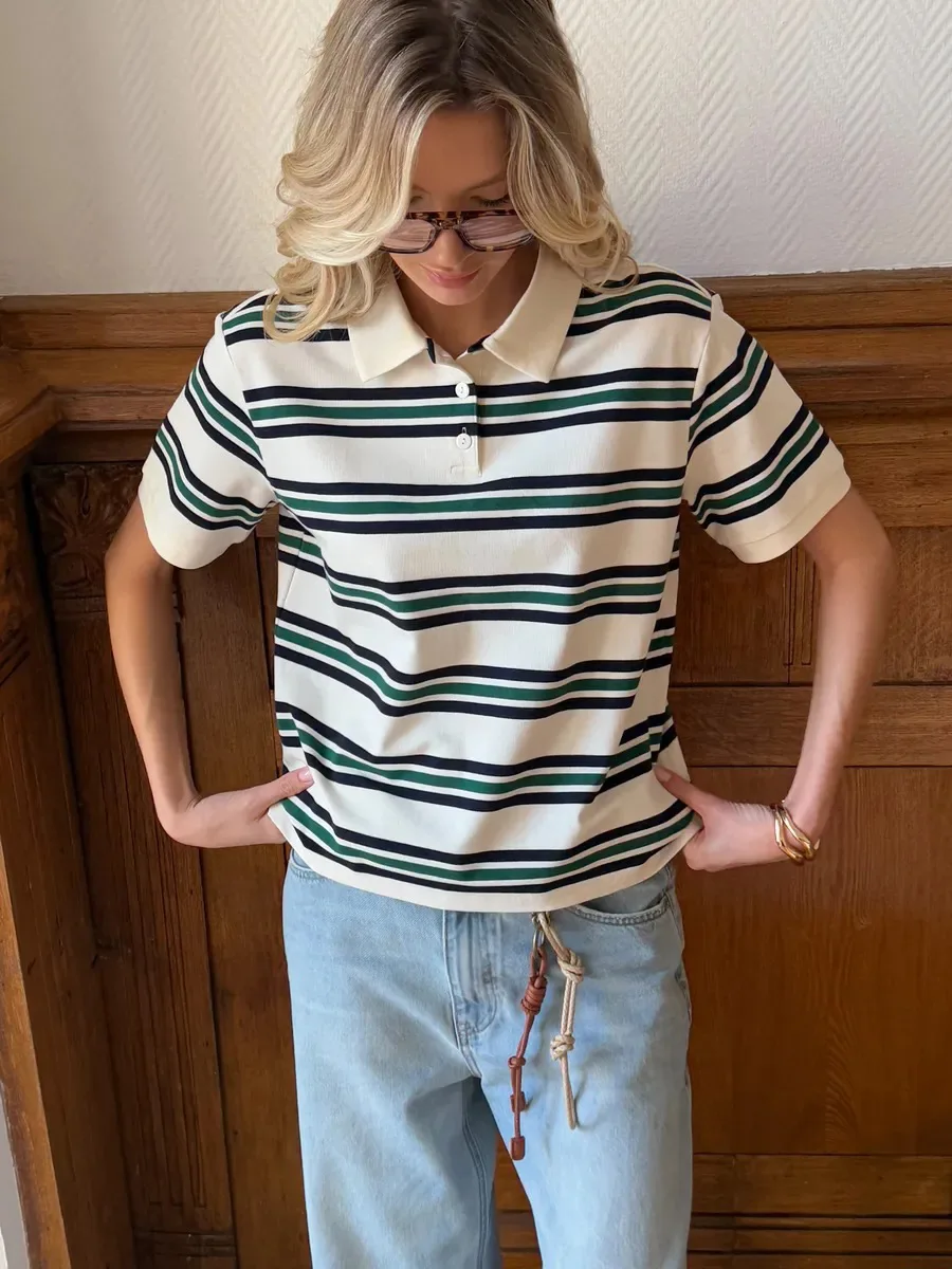 Bornladies Summer 2025 New Women's Retro Striped Polo Short Sleeve T-Shirt Loose Knitted Casual Top - Stylish Flattering Fit