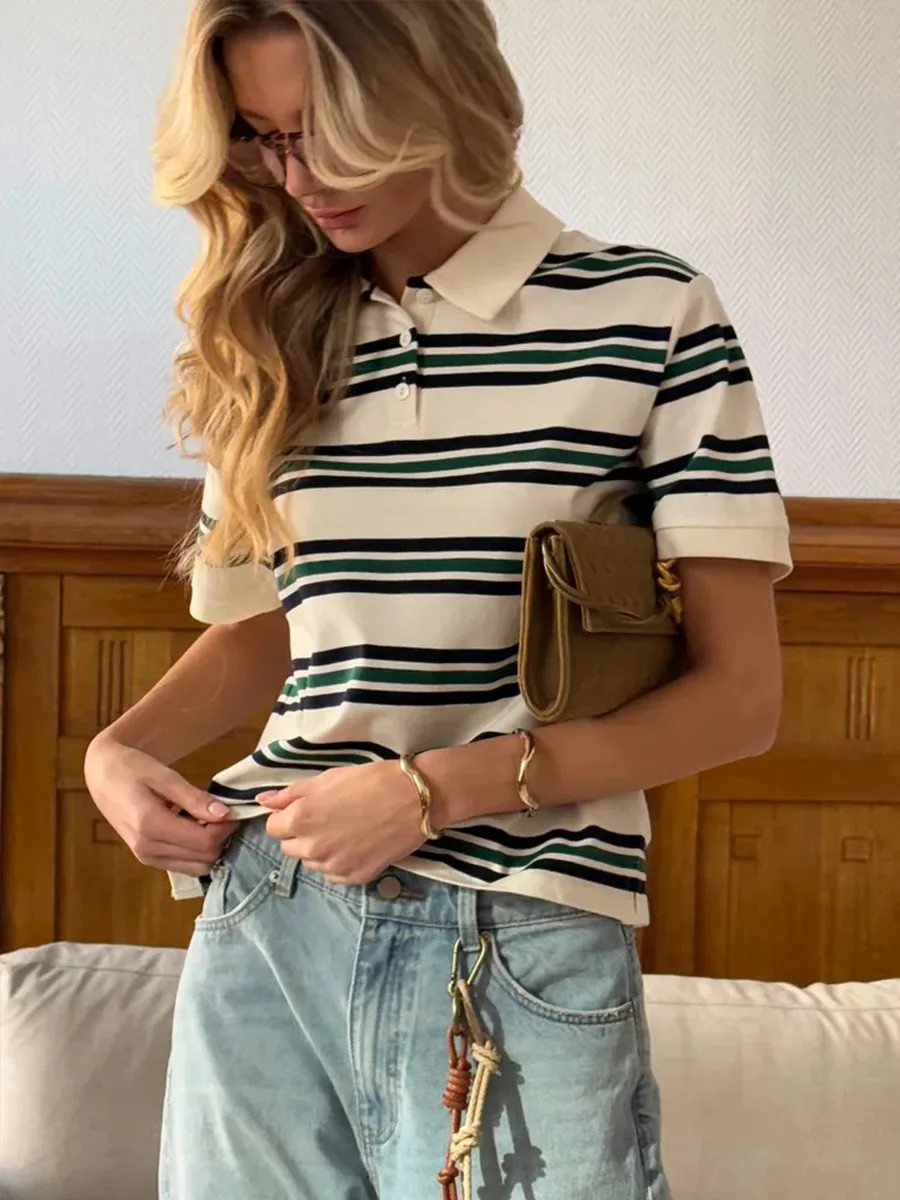 Bornladies Summer 2025 New Women's Retro Striped Polo Short Sleeve T-Shirt Loose Knitted Casual Top - Stylish Flattering Fit