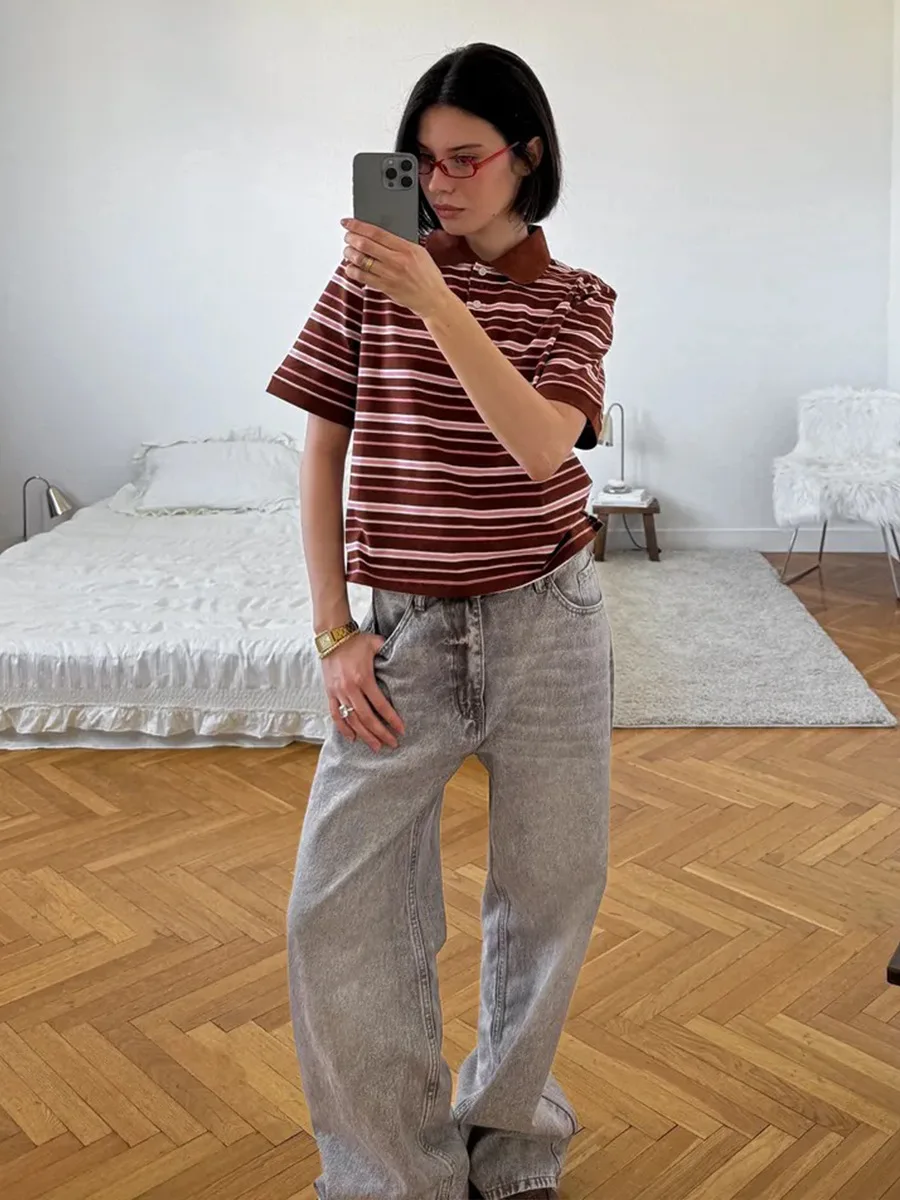 Bornladies Summer 2025 New Women's Retro Striped Polo Short Sleeve T-Shirt Loose Knitted Casual Top - Stylish Flattering Fit