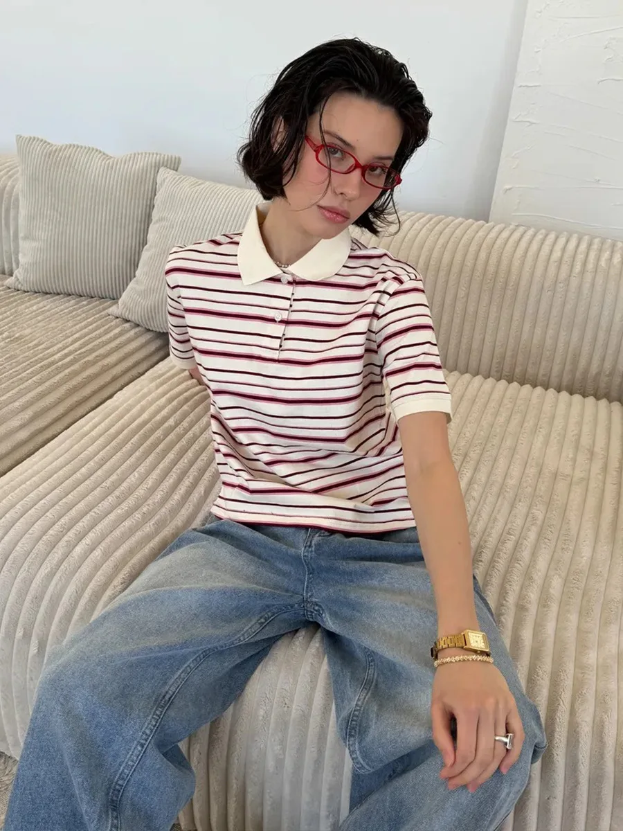 Bornladies Summer 2025 New Women's Retro Striped Polo Short Sleeve T-Shirt Loose Knitted Casual Top - Stylish Flattering Fit