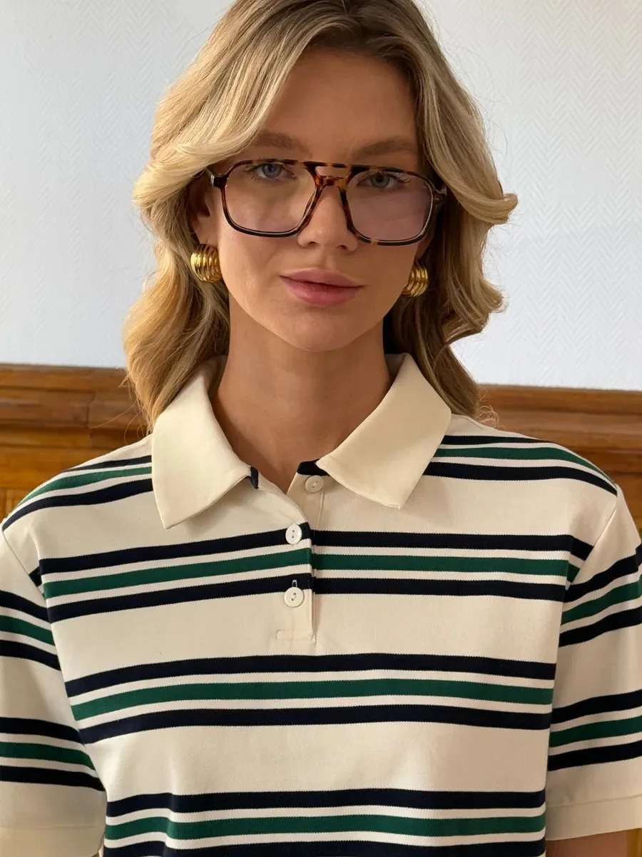 Bornladies Summer 2025 New Women's Retro Striped Polo Short Sleeve T-Shirt Loose Knitted Casual Top - Stylish Flattering Fit