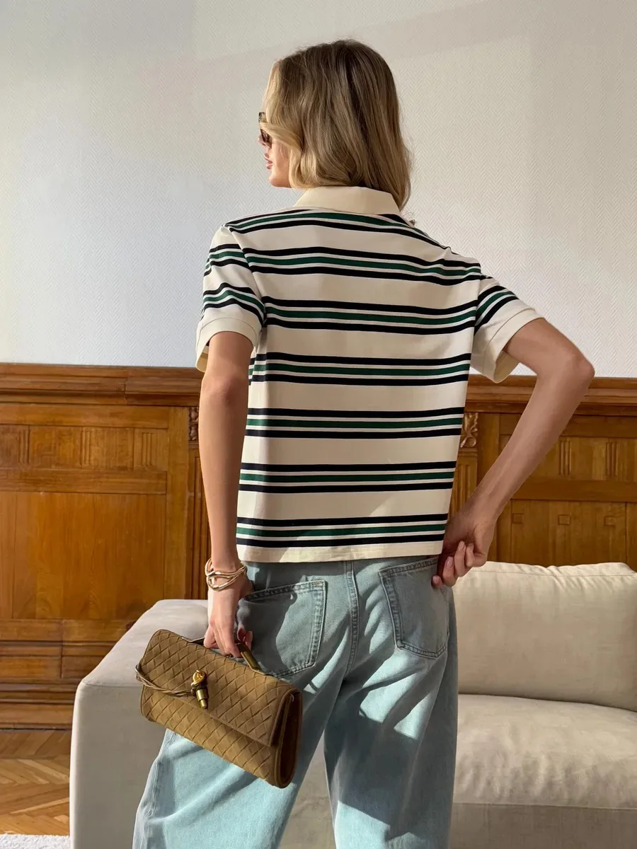 Bornladies Summer 2025 New Women's Retro Striped Polo Short Sleeve T-Shirt Loose Knitted Casual Top - Stylish Flattering Fit