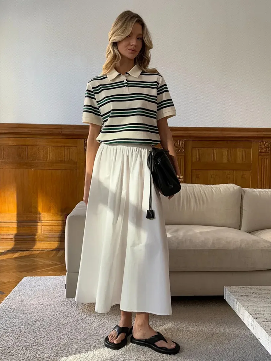 Bornladies Summer 2025 New Women's Retro Striped Polo Short Sleeve T-Shirt Loose Knitted Casual Top - Stylish Flattering Fit