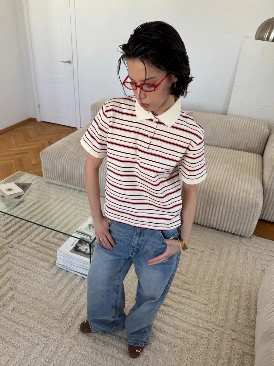 Bornladies Summer 2025 New Women's Retro Striped Polo Short Sleeve T-Shirt Loose Knitted Casual Top - Stylish Flattering Fit