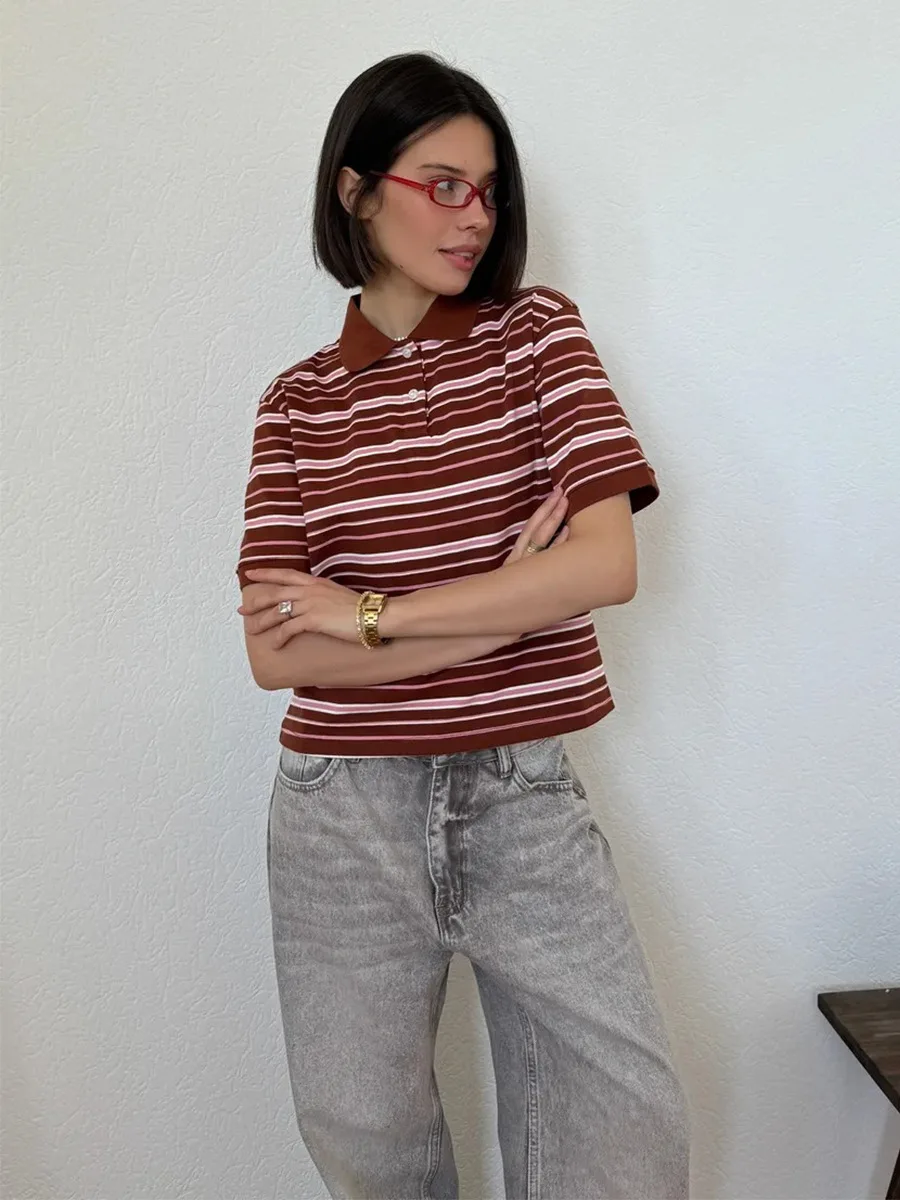 Bornladies Summer 2025 New Women's Retro Striped Polo Short Sleeve T-Shirt Loose Knitted Casual Top - Stylish Flattering Fit
