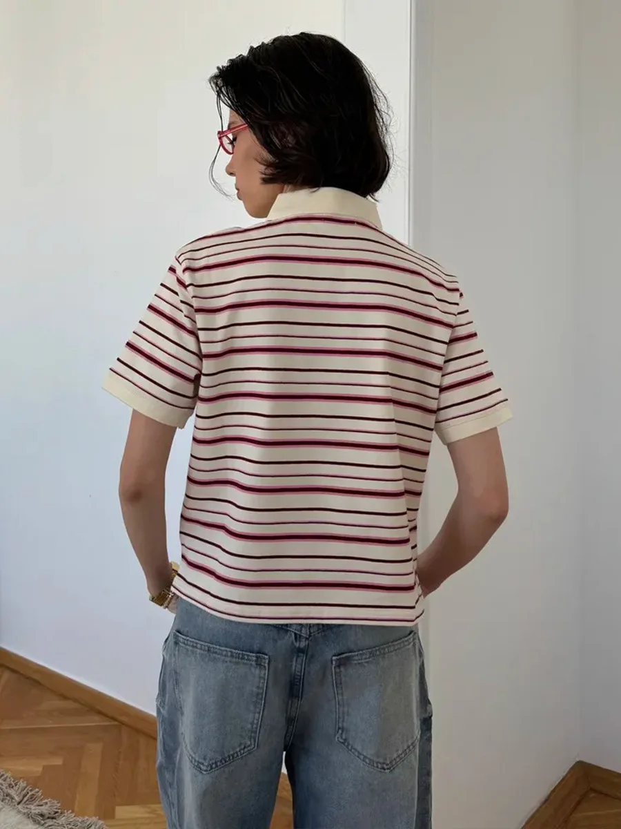 Bornladies Summer 2025 New Women's Retro Striped Polo Short Sleeve T-Shirt Loose Knitted Casual Top - Stylish Flattering Fit