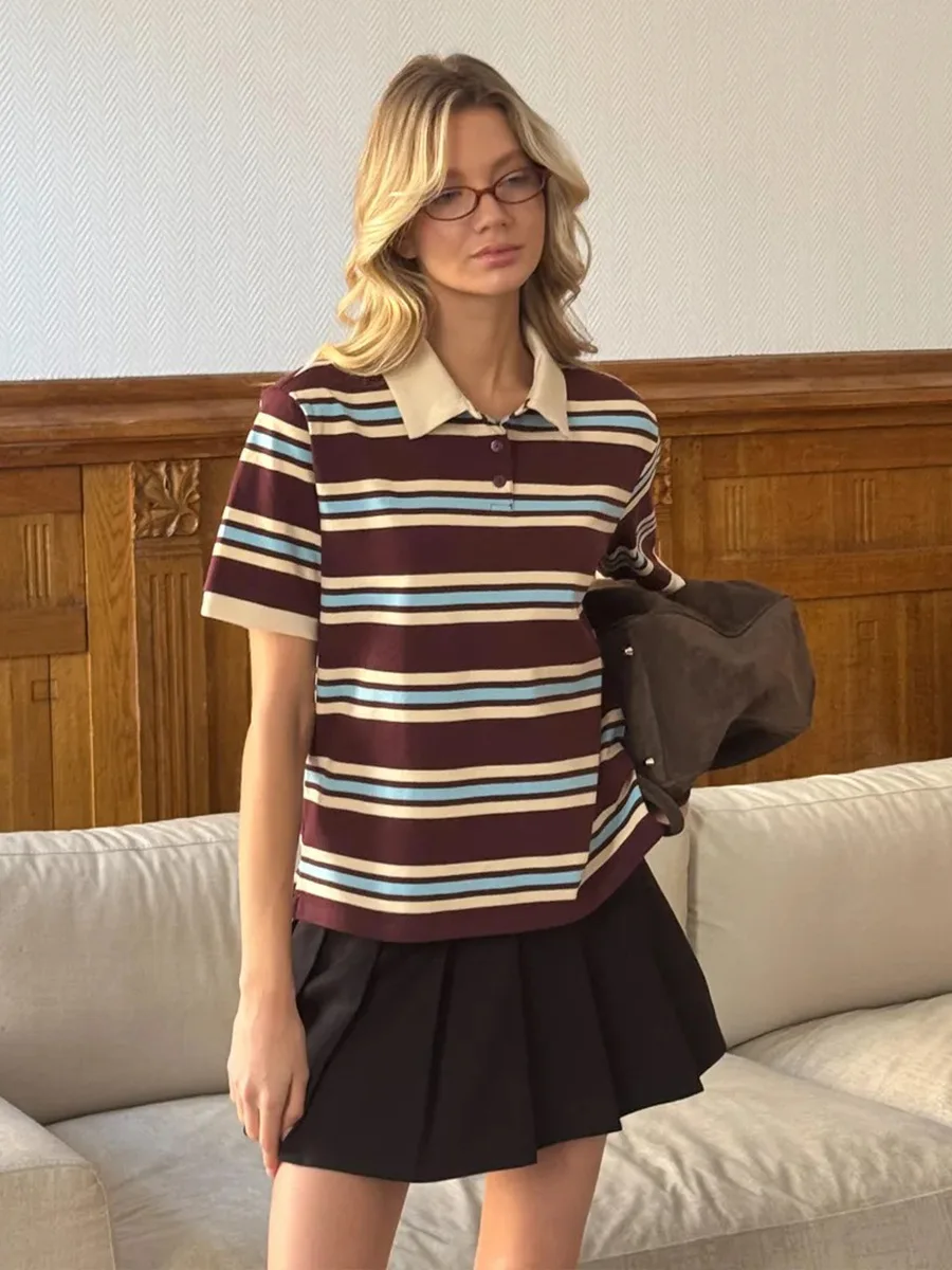 Bornladies Summer 2025 New Women's Retro Striped Polo Short Sleeve T-Shirt Loose Knitted Casual Top - Stylish Flattering Fit