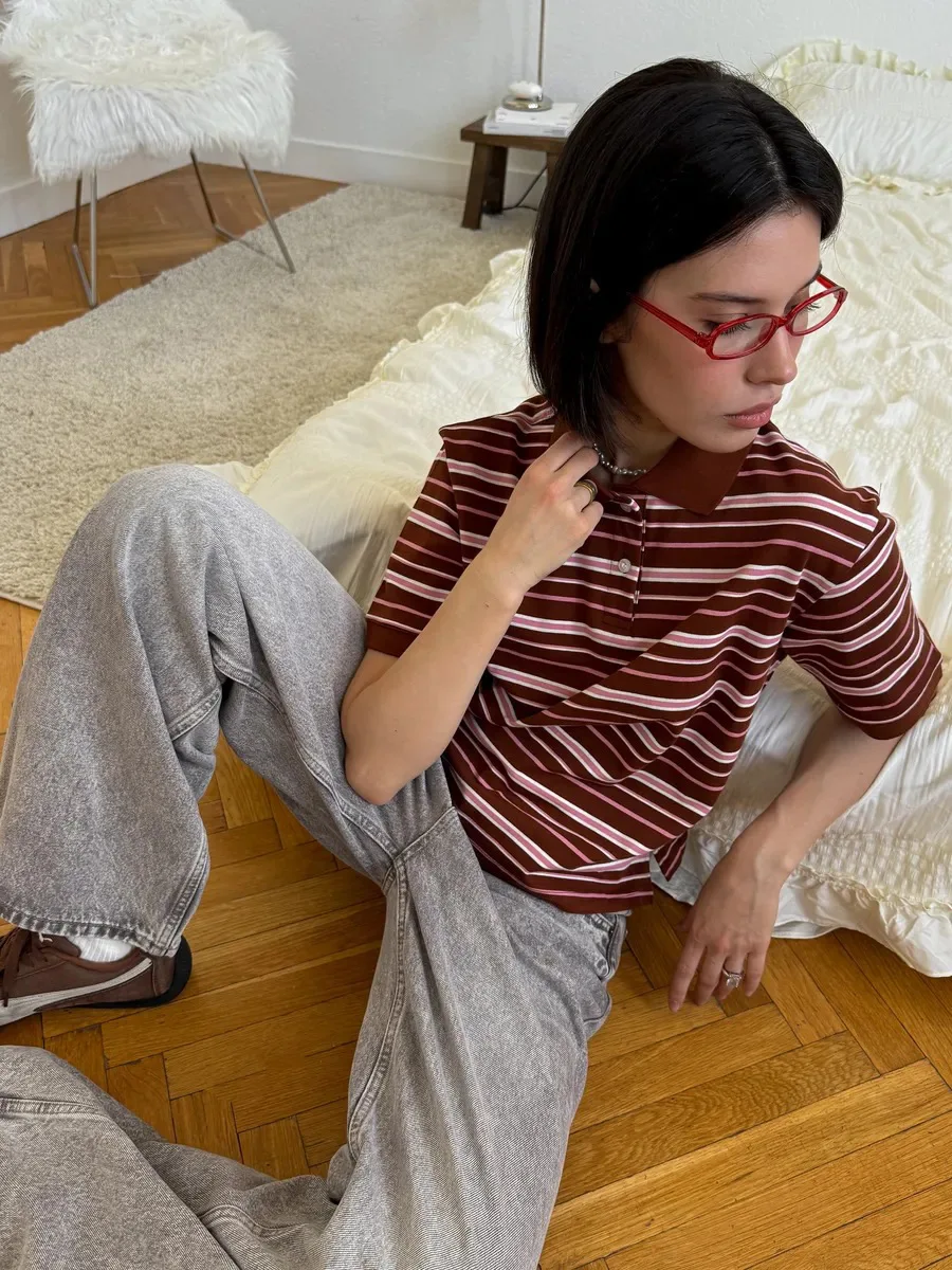 Bornladies Summer 2025 New Women's Retro Striped Polo Short Sleeve T-Shirt Loose Knitted Casual Top - Stylish Flattering Fit