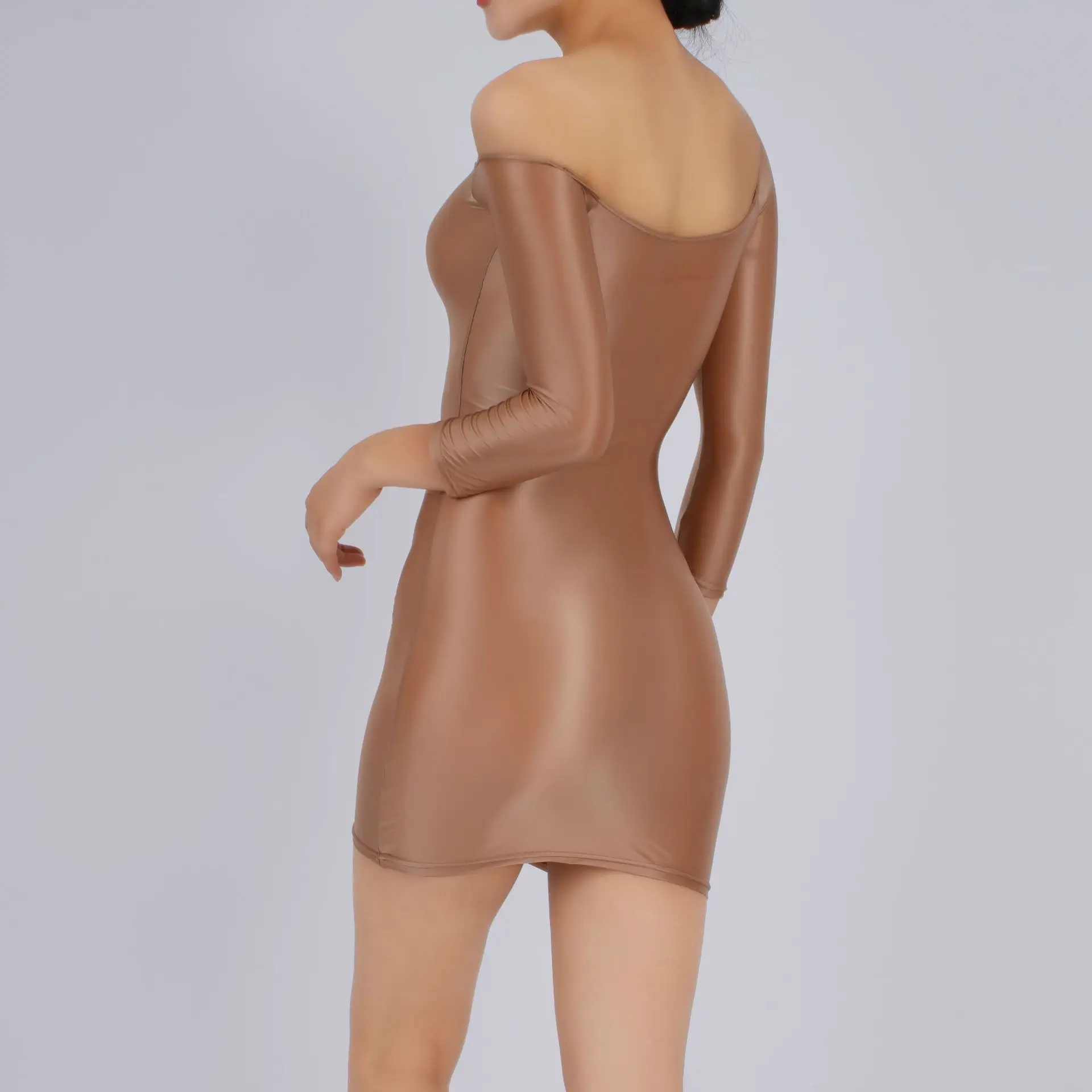 Candy Color Oil Glossy Dresses Long Sleeves Off Shoulder Sexy Ultra Short Packet Hip Skirt High Elastic Tight Mini Dress