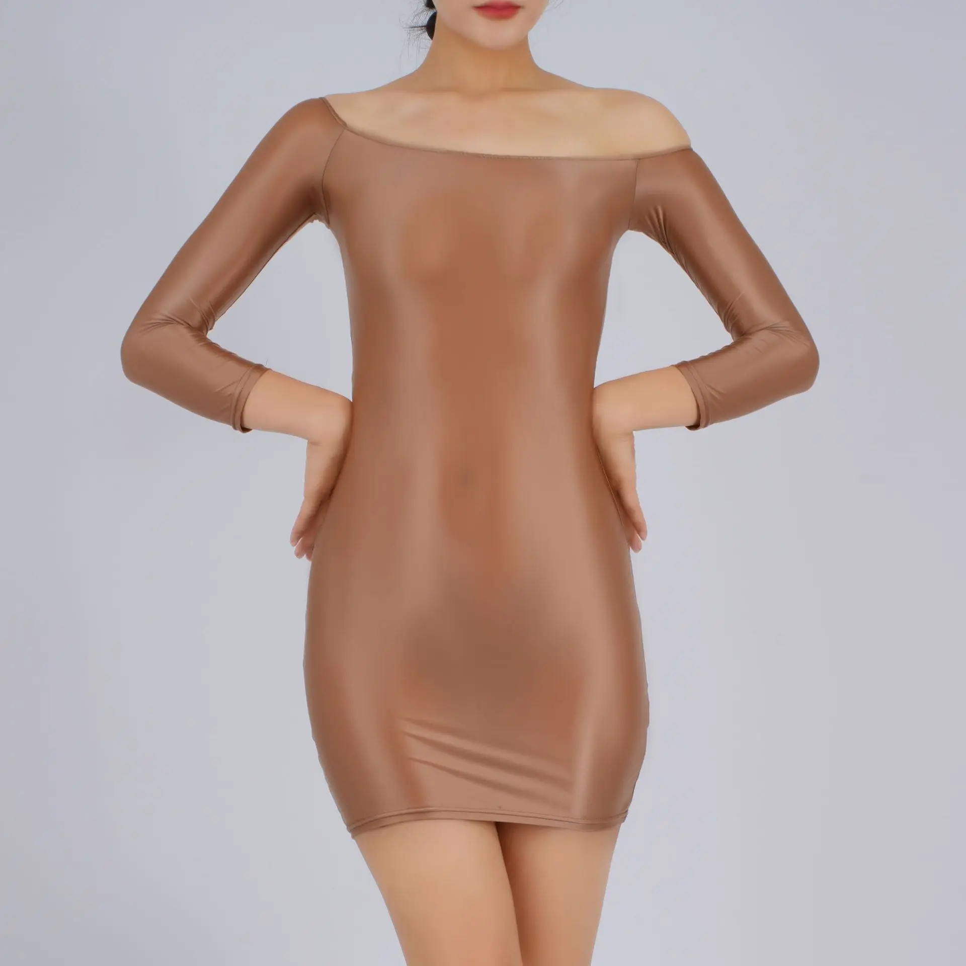 Candy Color Oil Glossy Dresses Long Sleeves Off Shoulder Sexy Ultra Short Packet Hip Skirt High Elastic Tight Mini Dress