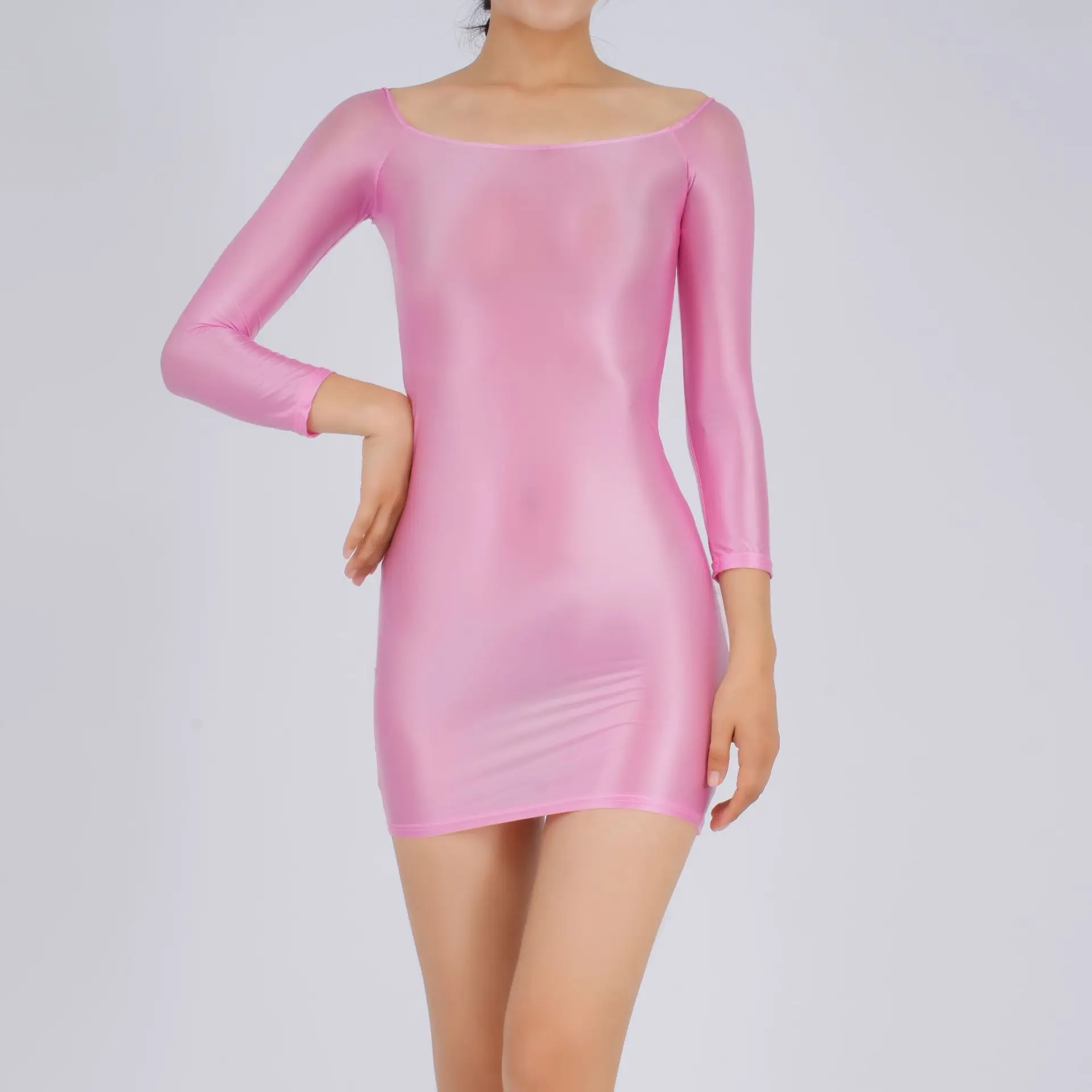 Candy Color Oil Glossy Dresses Long Sleeves Off Shoulder Sexy Ultra Short Packet Hip Skirt High Elastic Tight Mini Dress