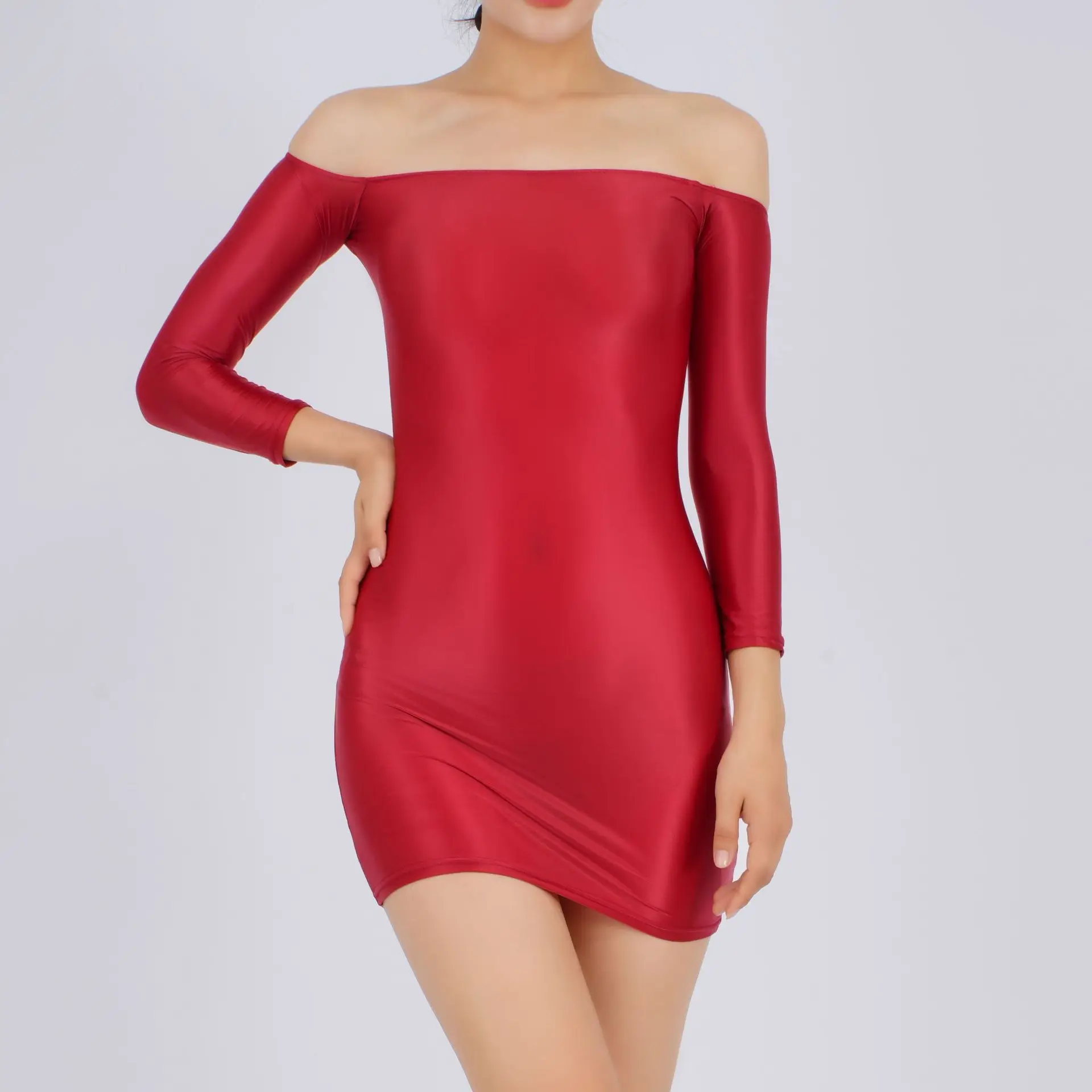 Candy Color Oil Glossy Dresses Long Sleeves Off Shoulder Sexy Ultra Short Packet Hip Skirt High Elastic Tight Mini Dress
