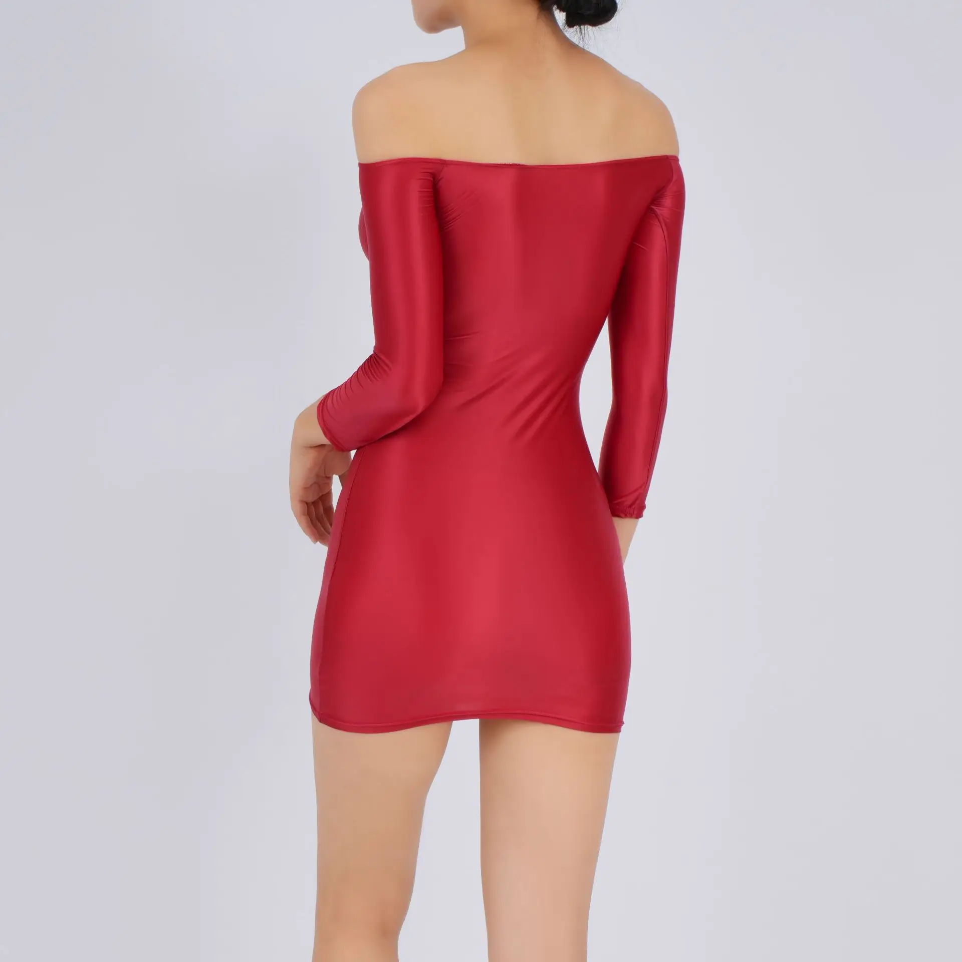 Candy Color Oil Glossy Dresses Long Sleeves Off Shoulder Sexy Ultra Short Packet Hip Skirt High Elastic Tight Mini Dress