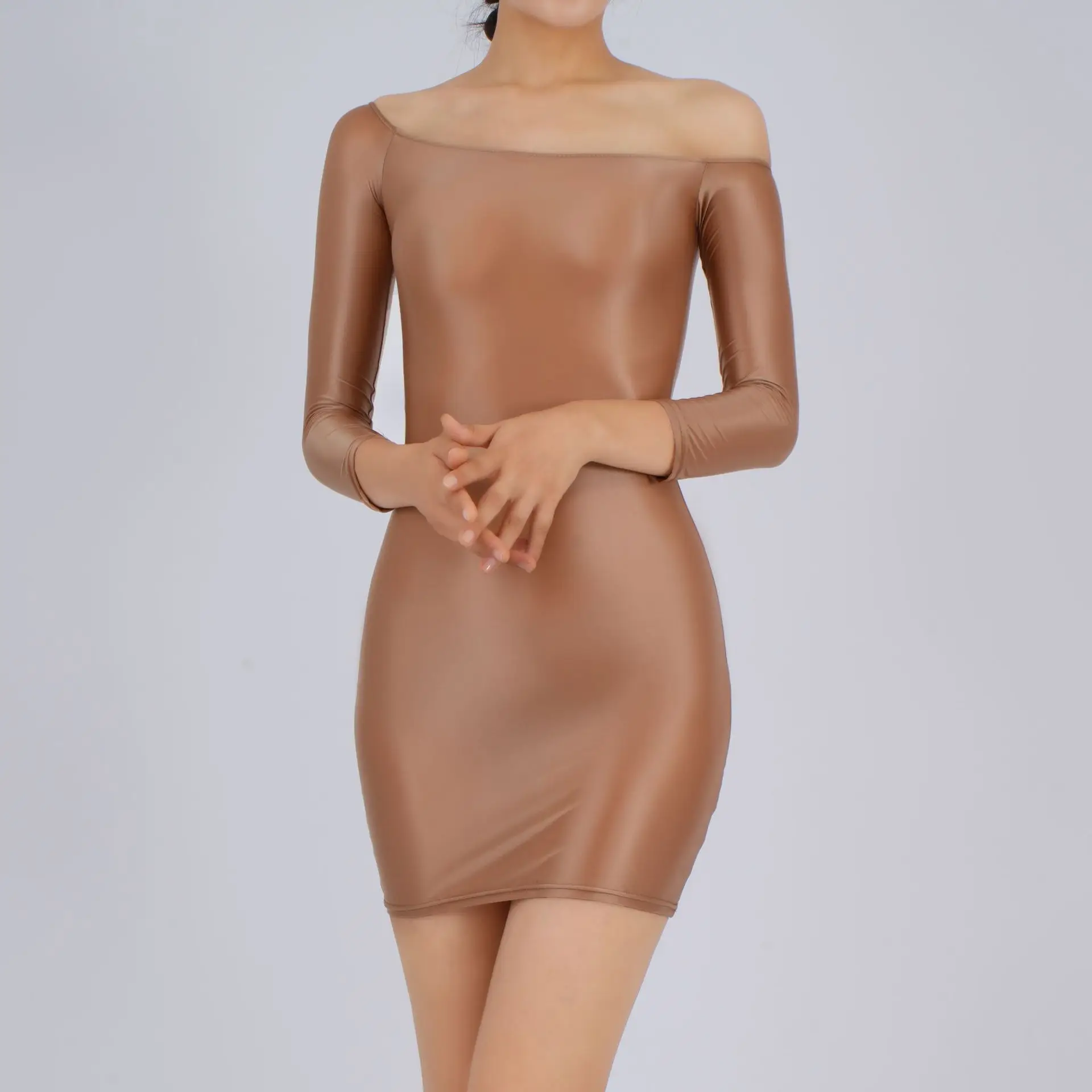 Candy Color Oil Glossy Dresses Long Sleeves Off Shoulder Sexy Ultra Short Packet Hip Skirt High Elastic Tight Mini Dress