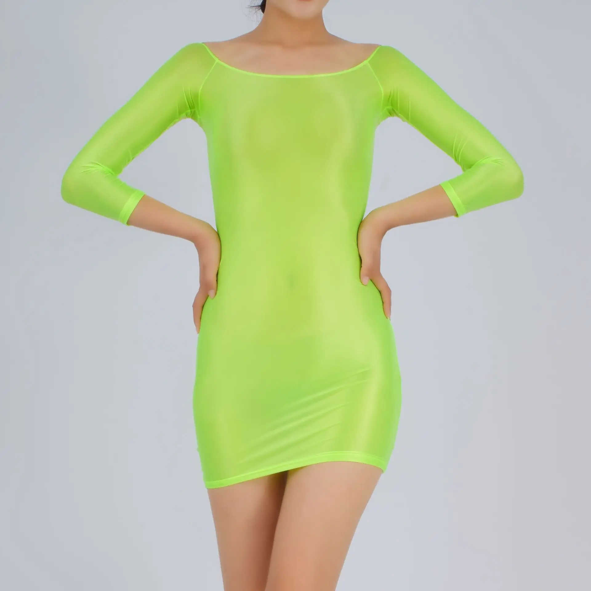 Candy Color Oil Glossy Dresses Long Sleeves Off Shoulder Sexy Ultra Short Packet Hip Skirt High Elastic Tight Mini Dress