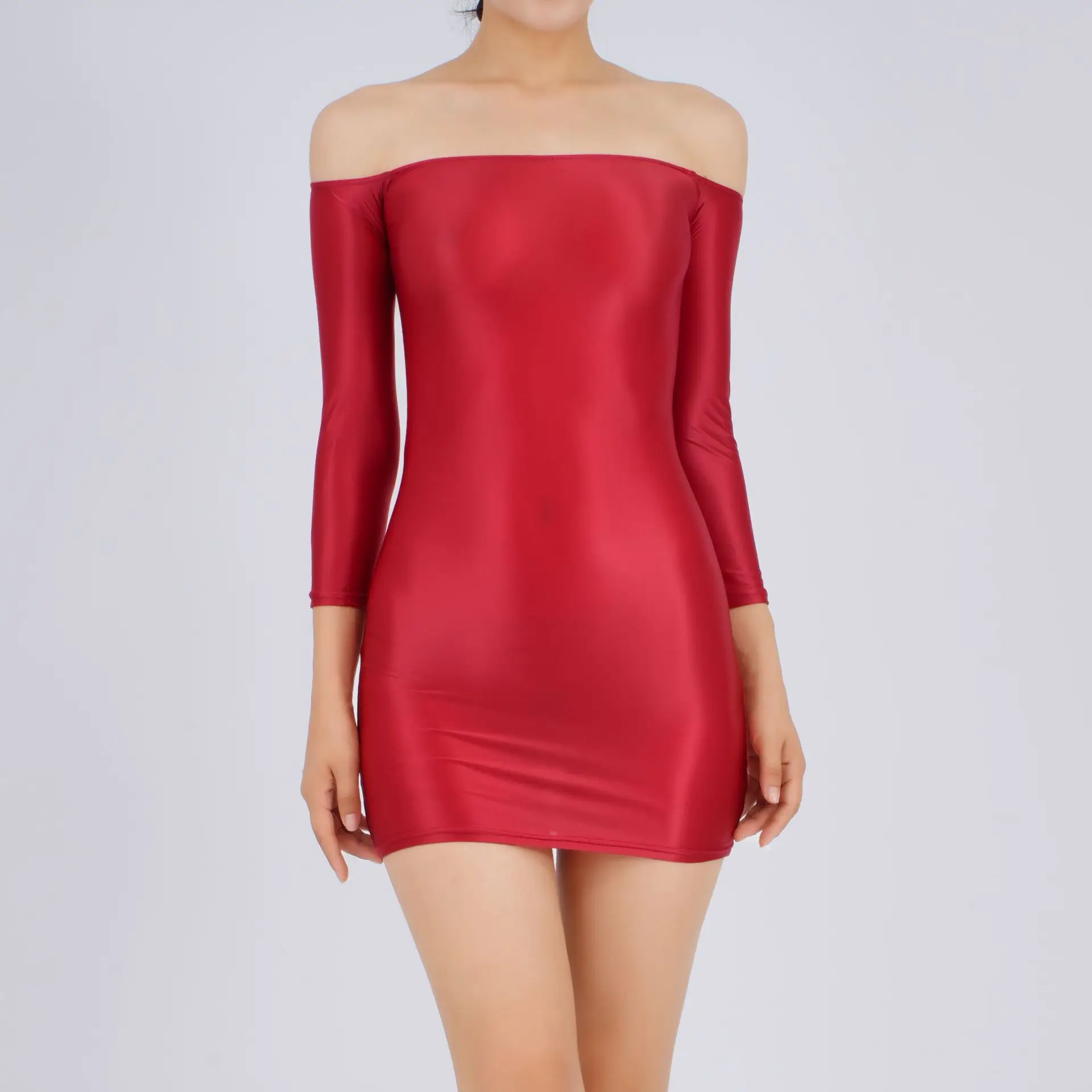 Candy Color Oil Glossy Dresses Long Sleeves Off Shoulder Sexy Ultra Short Packet Hip Skirt High Elastic Tight Mini Dress