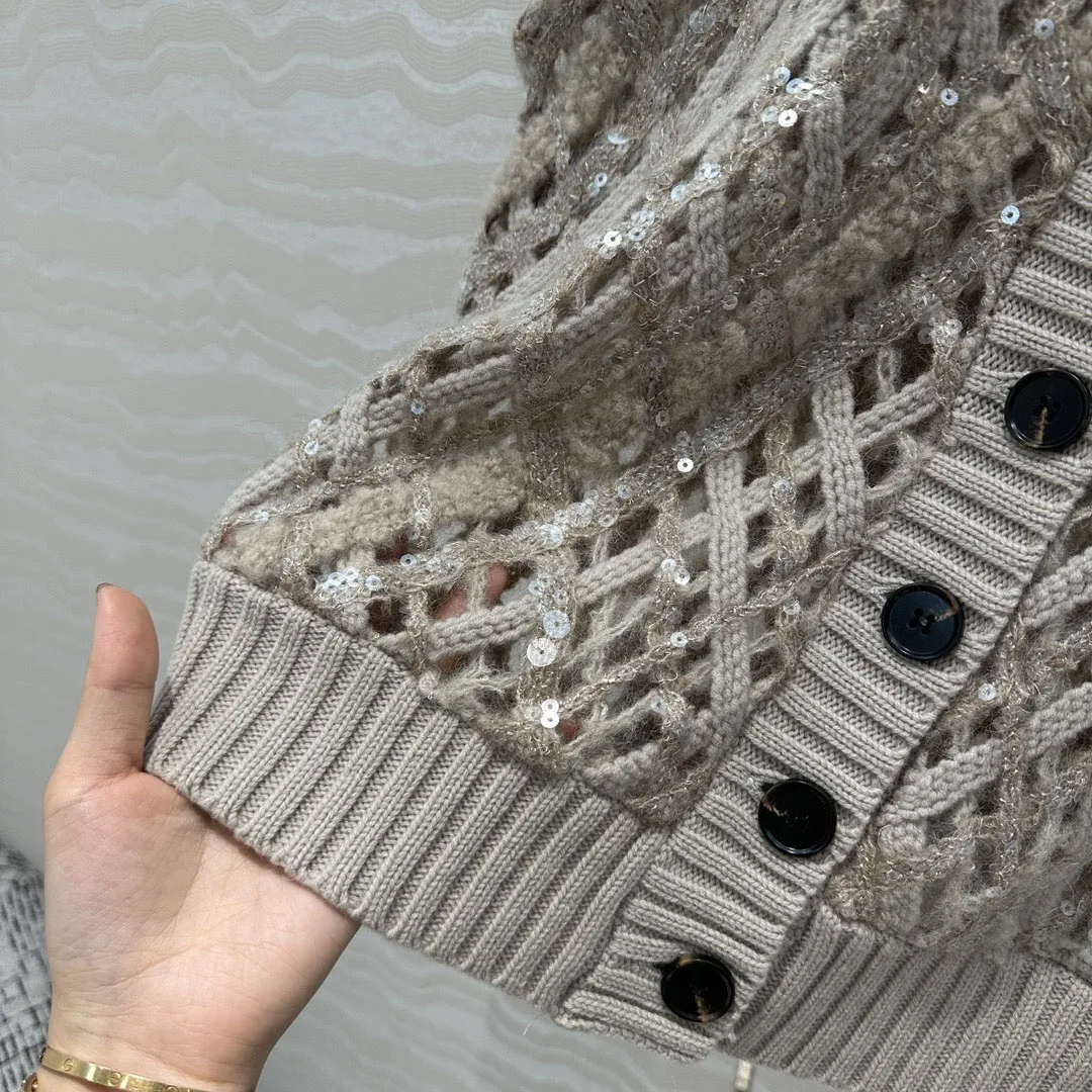 Ladies Autumn And Winter New High Quality Vest Cashmere Knitted Hollow Sequins Fashionable And Versatile