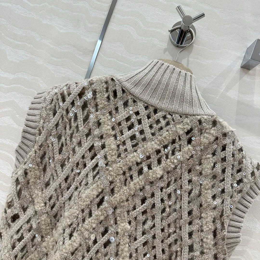 Ladies Autumn And Winter New High Quality Vest Cashmere Knitted Hollow Sequins Fashionable And Versatile