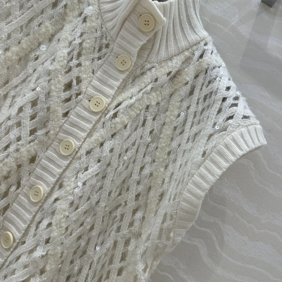 Ladies Autumn And Winter New High Quality Vest Cashmere Knitted Hollow Sequins Fashionable And Versatile