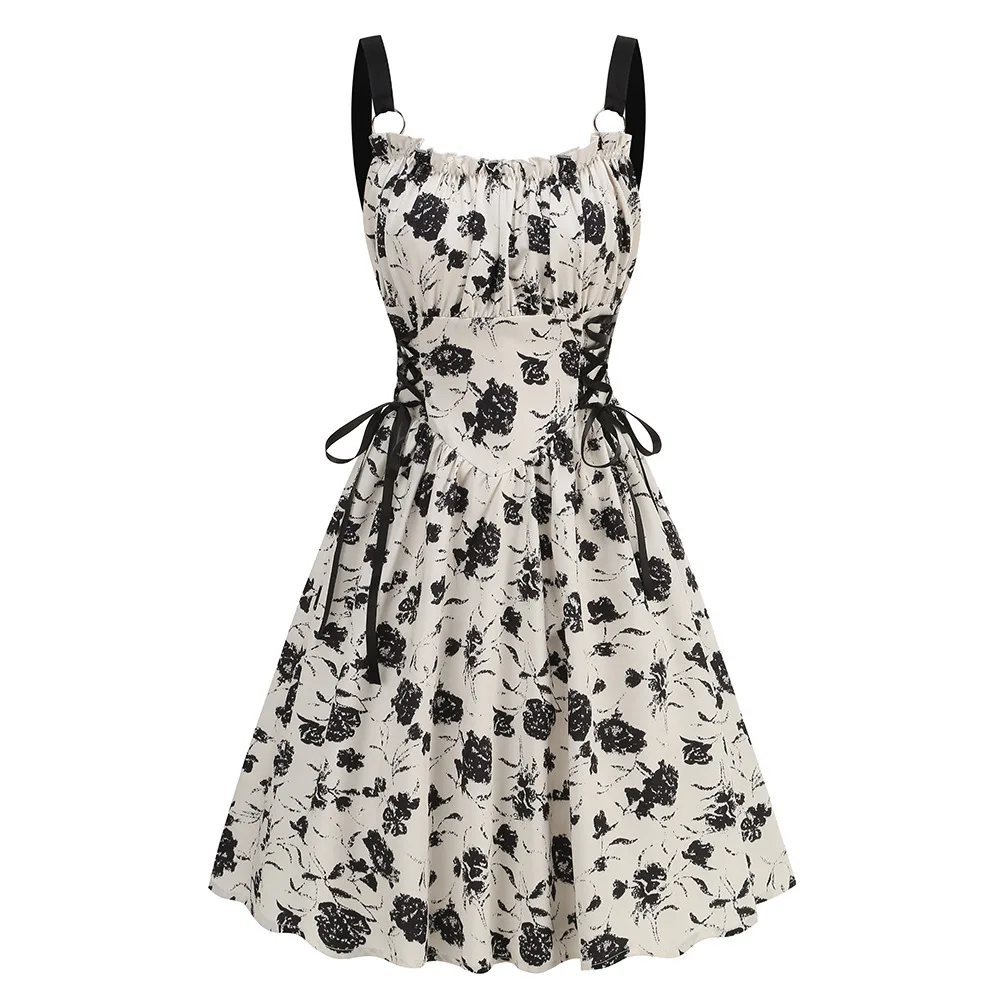 Dress Women Female Clothing Fashion Elegant Evening Party Dresses Printed Lace-up O-ring Party Sexy Slimming Suspender Dress