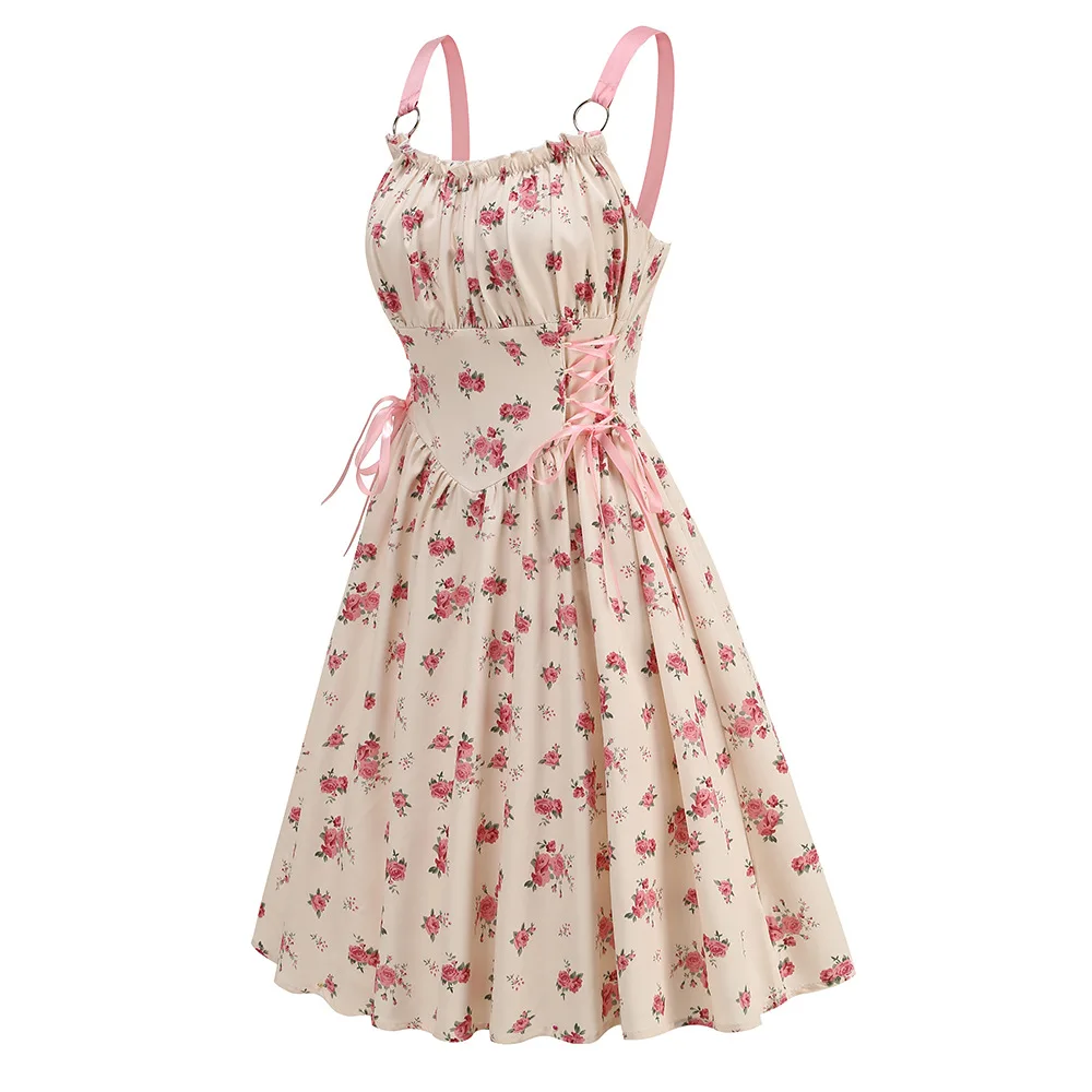 Dress Women Female Clothing Fashion Elegant Evening Party Dresses Printed Lace-up O-ring Party Sexy Slimming Suspender Dress
