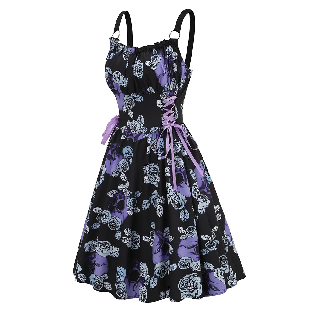 Dress Women Female Clothing Fashion Elegant Evening Party Dresses Printed Lace-up O-ring Party Sexy Slimming Suspender Dress
