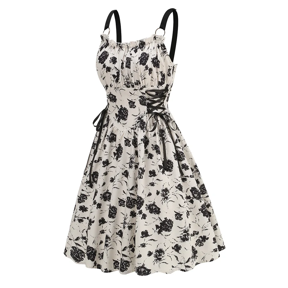 Dress Women Female Clothing Fashion Elegant Evening Party Dresses Printed Lace-up O-ring Party Sexy Slimming Suspender Dress