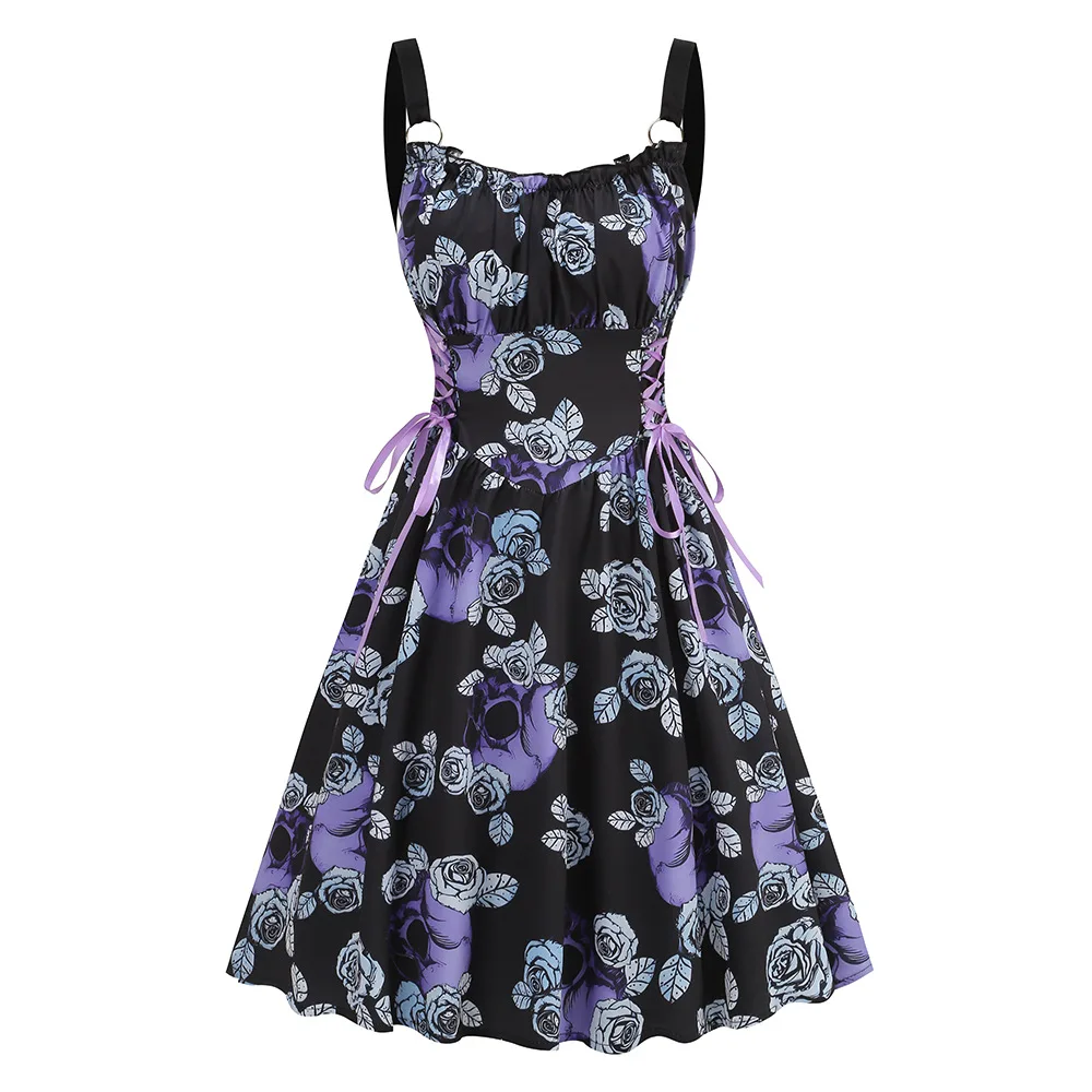 Dress Women Female Clothing Fashion Elegant Evening Party Dresses Printed Lace-up O-ring Party Sexy Slimming Suspender Dress