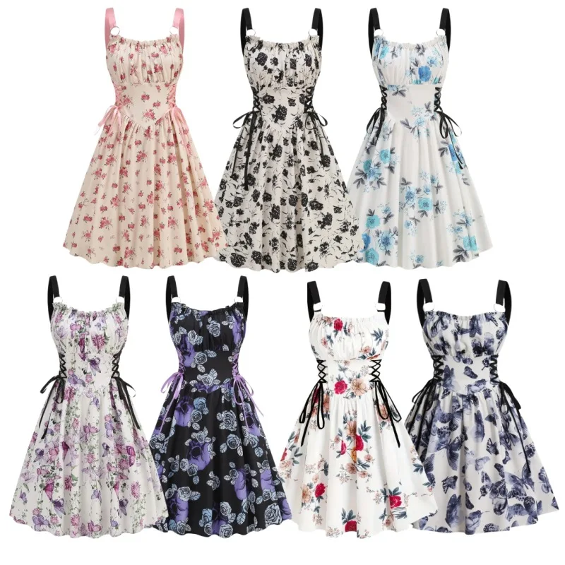 Dress Women Female Clothing Fashion Elegant Evening Party Dresses Printed Lace-up O-ring Party Sexy Slimming Suspender Dress