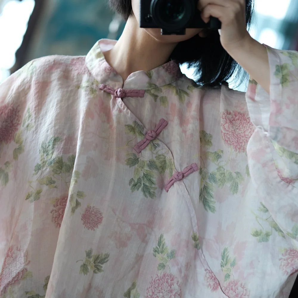 Oversized Women Batwing Sleeve Linen Shirt New 2025 Spring Chinese Style Vintage Floral Print Female Casua Tops Shirts M1057