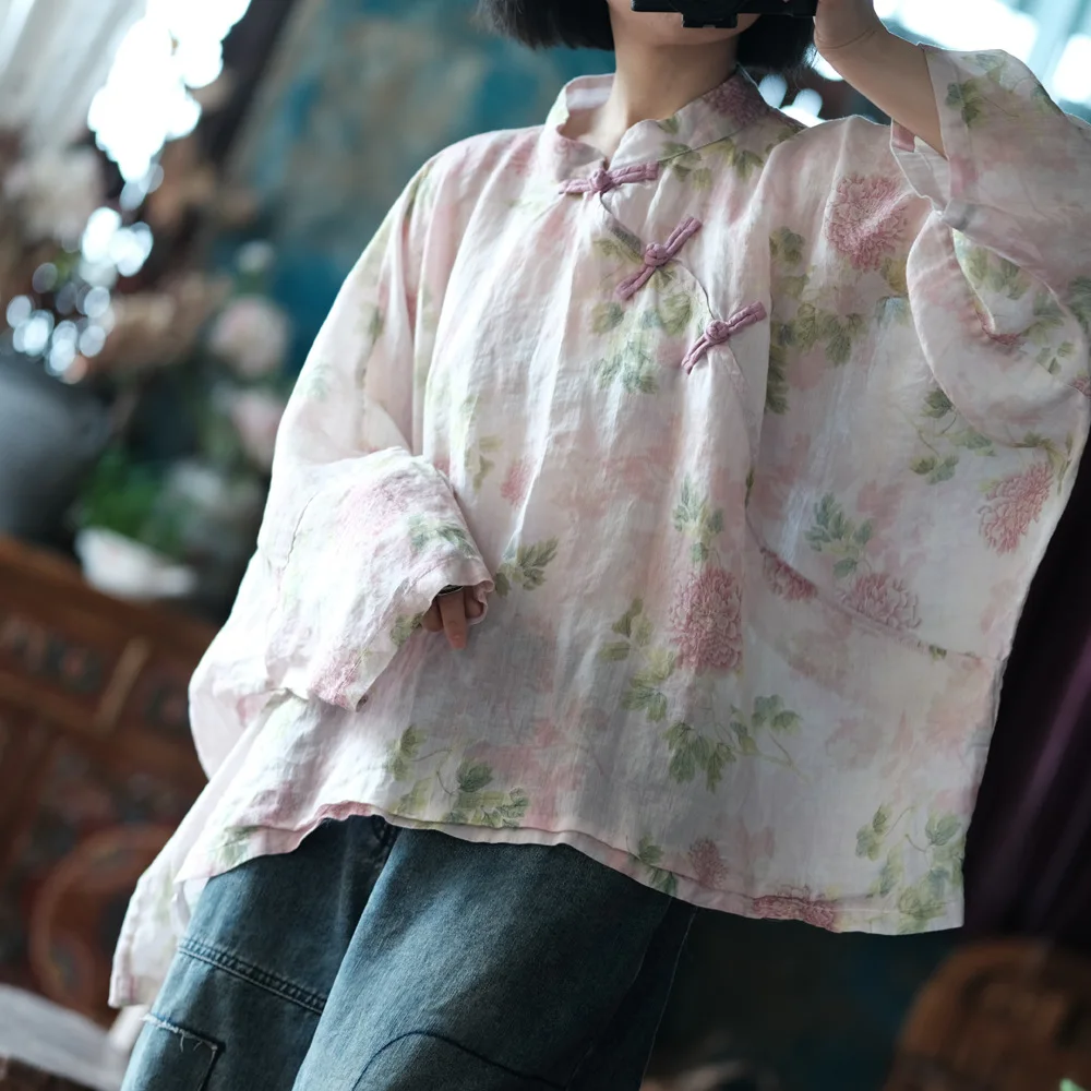 Oversized Women Batwing Sleeve Linen Shirt New 2025 Spring Chinese Style Vintage Floral Print Female Casua Tops Shirts M1057