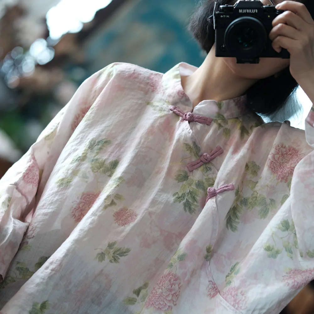 Oversized Women Batwing Sleeve Linen Shirt New 2025 Spring Chinese Style Vintage Floral Print Female Casua Tops Shirts M1057