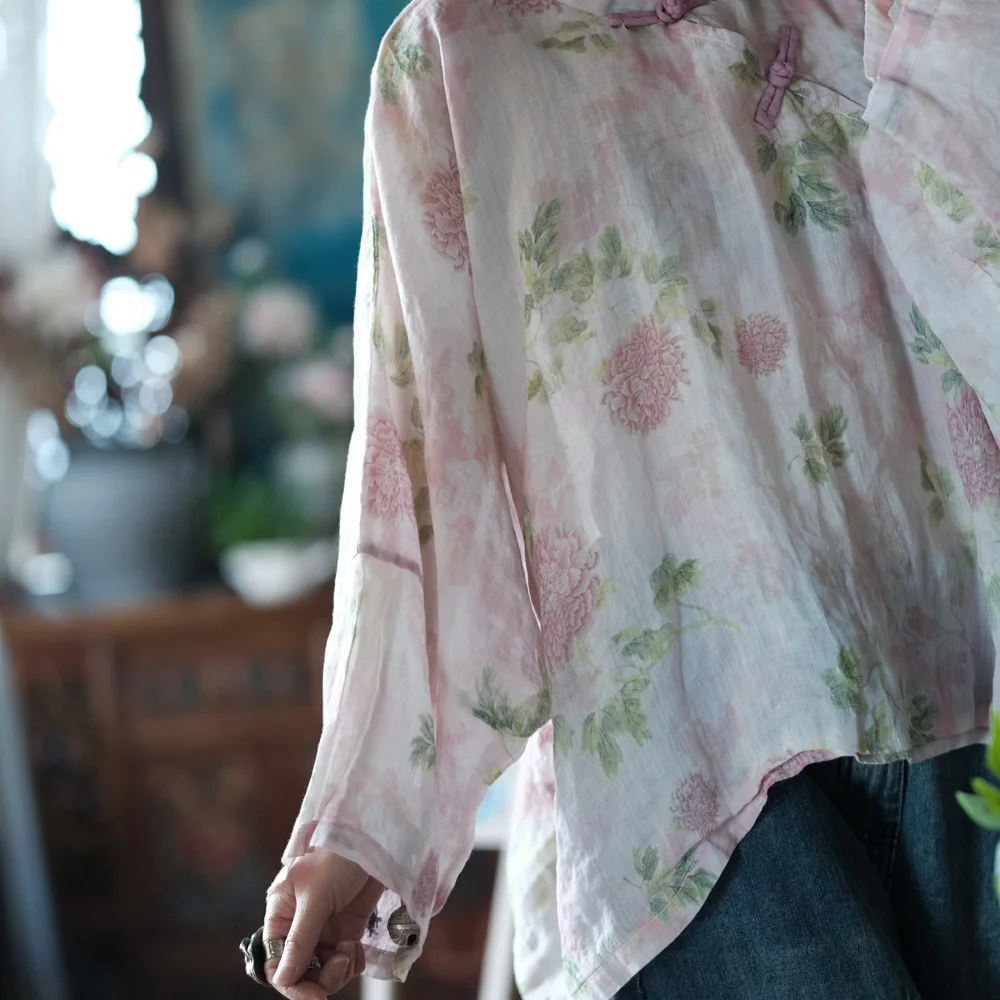 Oversized Women Batwing Sleeve Linen Shirt New 2025 Spring Chinese Style Vintage Floral Print Female Casua Tops Shirts M1057