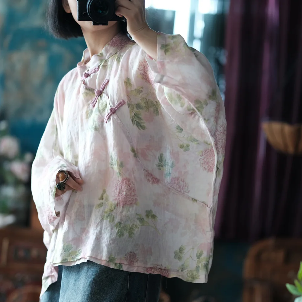 Oversized Women Batwing Sleeve Linen Shirt New 2025 Spring Chinese Style Vintage Floral Print Female Casua Tops Shirts M1057