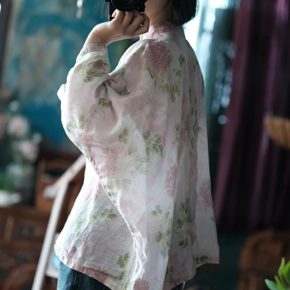 Oversized Women Batwing Sleeve Linen Shirt New 2025 Spring Chinese Style Vintage Floral Print Female Casua Tops Shirts M1057