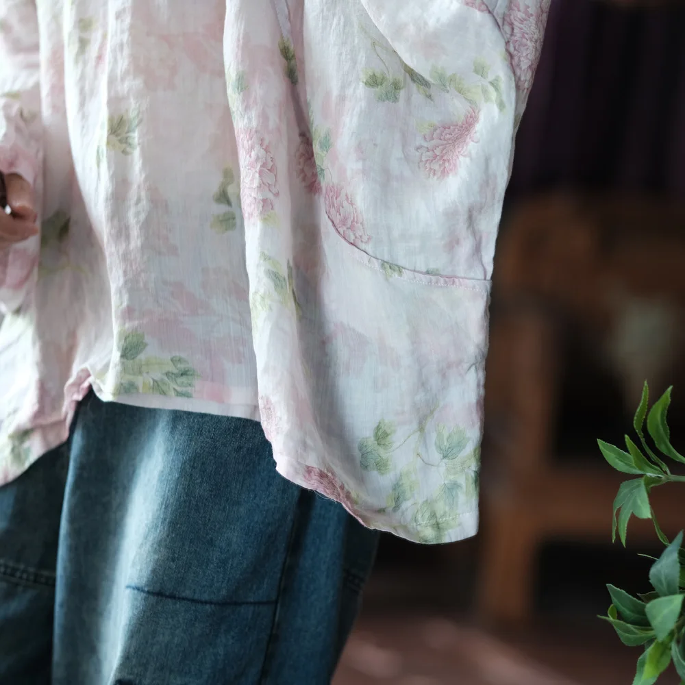 Oversized Women Batwing Sleeve Linen Shirt New 2025 Spring Chinese Style Vintage Floral Print Female Casua Tops Shirts M1057