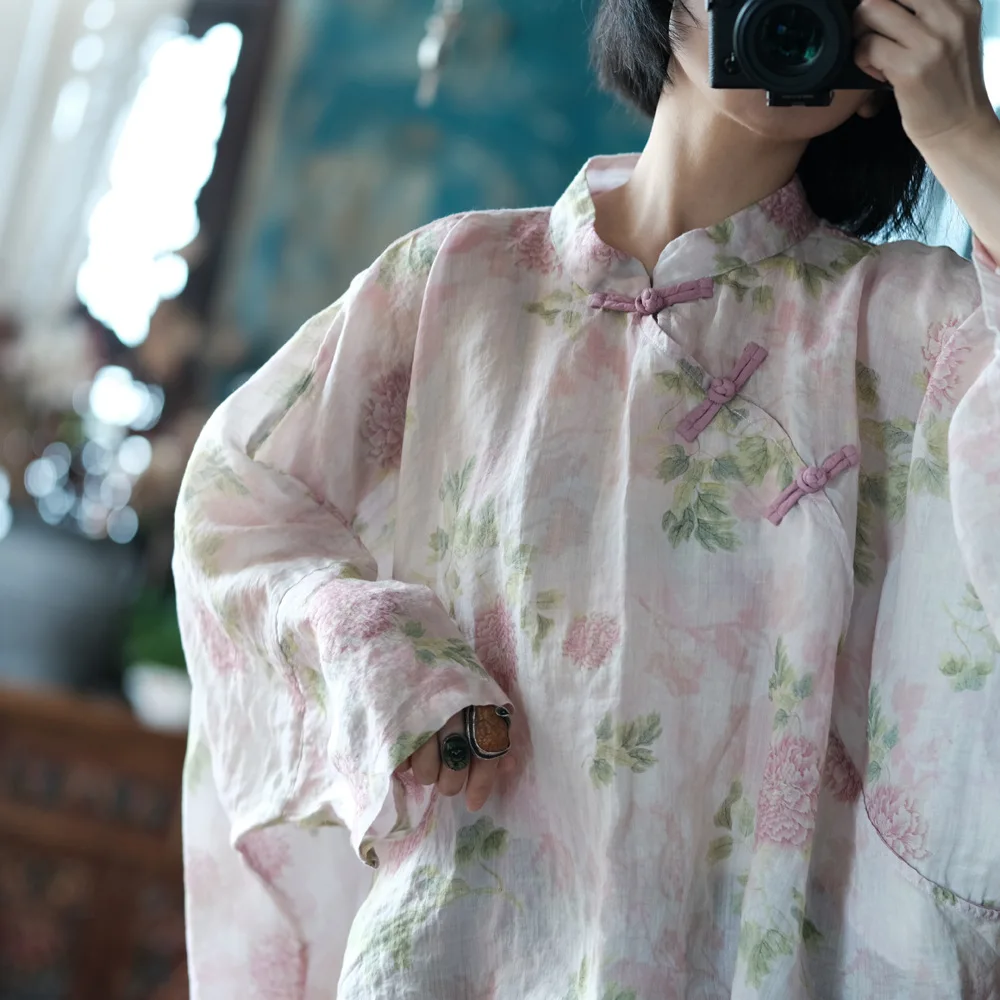 Oversized Women Batwing Sleeve Linen Shirt New 2025 Spring Chinese Style Vintage Floral Print Female Casua Tops Shirts M1057